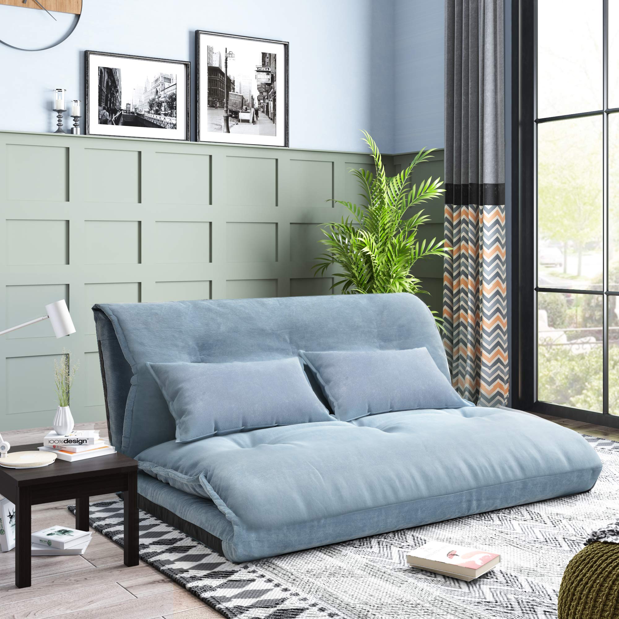 Harper & Bright Designs Adjustable Floor Sofa - 5 Position Reclining Folding Futon Couch with 2 Pillows, Blue | Versatile Lounge Chair for Reading, Gaming & Relaxing in Bedroom, Living Room, Balcony or Home Office
