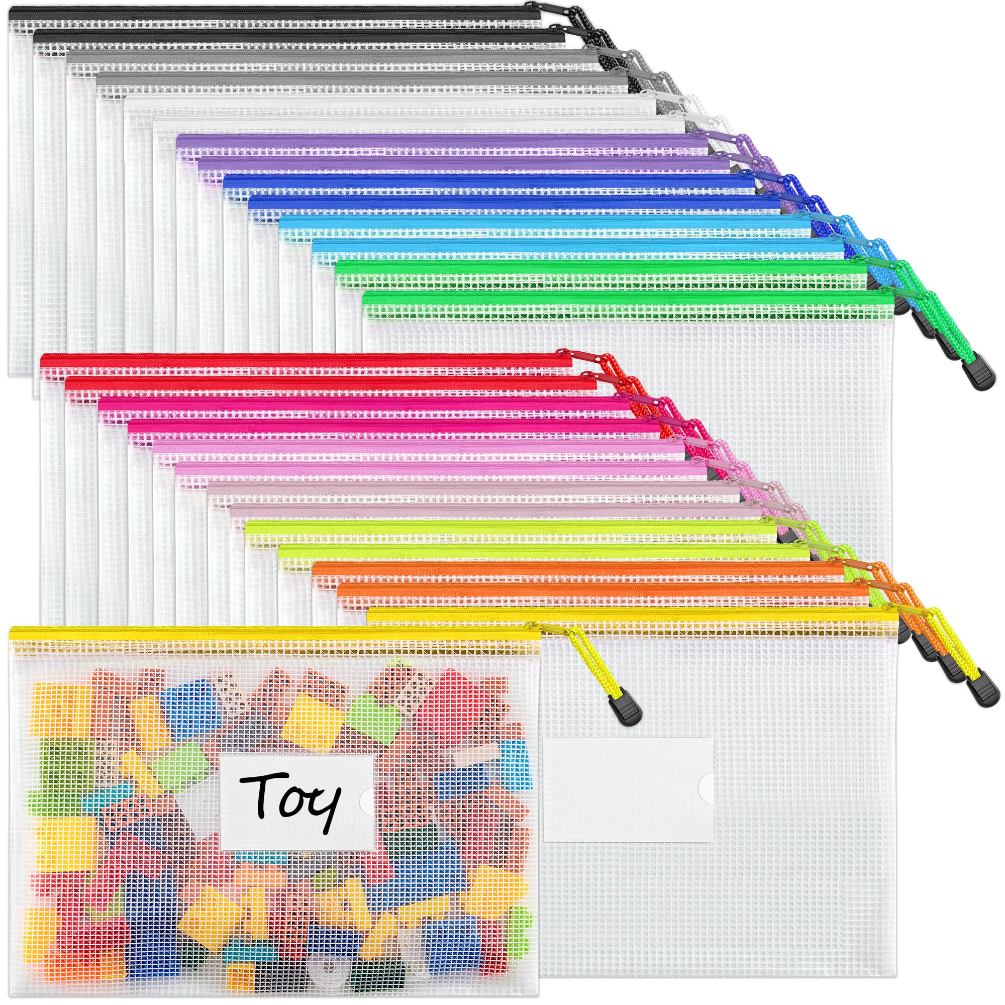 JARLINK 28 Pcs A4 Mesh Zipper Pouch - Waterproof Letter Size Zipper Bags in 14 Colors | Puzzle Bag with Label Pocket for School, Office, Cosmetics, Travel & Home Organization | Perfect for Document Storage, Makeup Organizer & Travel Accessories