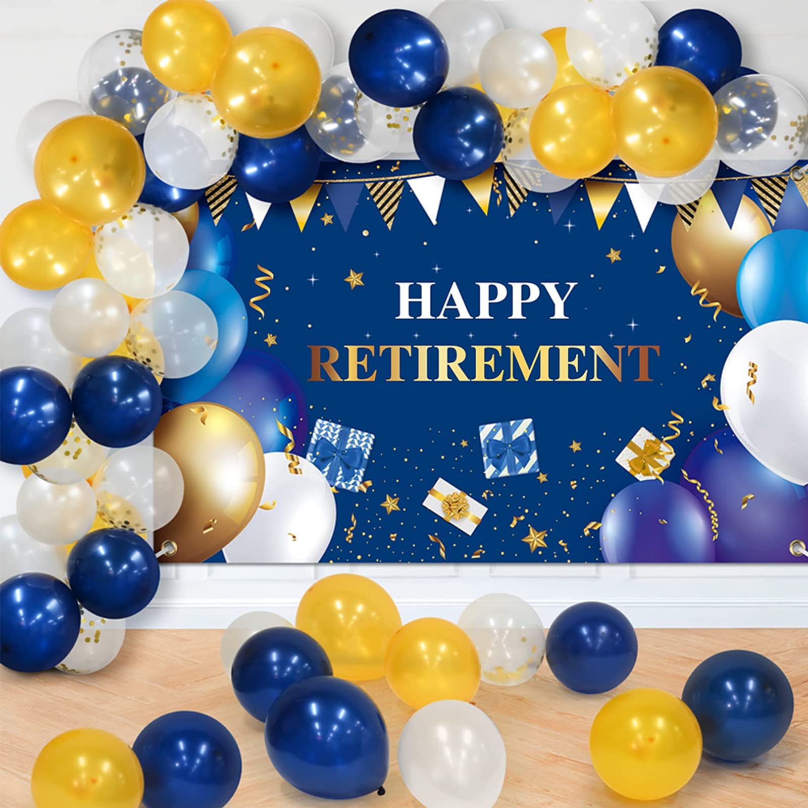 81 Pieces Navy Blue and Gold Retirement Party Decorations Kit - Includes 80 Pieces 12'' Balloons & 1 Large Happy Retirement Backdrop Banner - Perfect Retirement Party Supplies for Women & Men - Ideal for Office Celebrations, Farewell Parties & Milestone Events