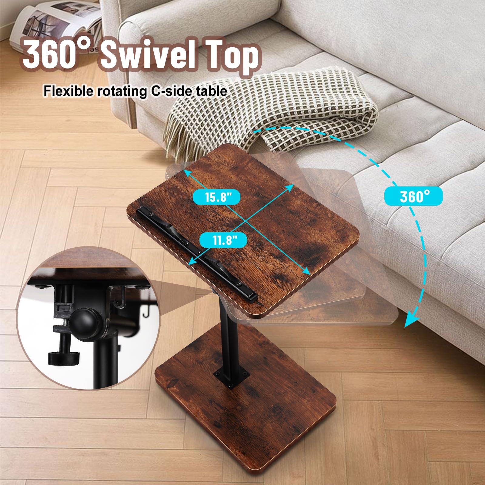 360° Swivel Adjustable TV Tray Table with Book Clip & Device Holder - C-Shaped End Table for Sofa, Bed, Bathtub - Perfect for Reading, Snacking & Relaxing (Rustic Finish)