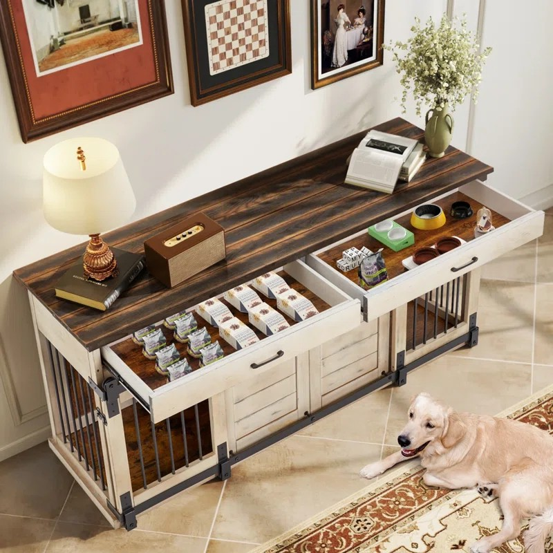 EROMMY 72 Inch Wooden Dog Crate Furniture - Indoor Pet Kennel with Divider & 2 Storage Drawers - End Table for Large Breed Dogs - White - Perfect for Living Room, Bedroom or Home Office Decor