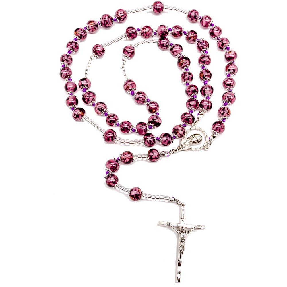 Genuine Murano Rosary with Amethyst & Handknotted Sommerso Beads - Catholic Religious Jewelry for Prayer & Devotion - Perfect Gift for Baptism, First Communion & Spiritual Protection