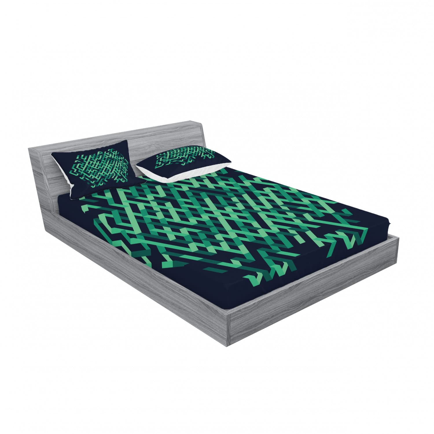 Ambesonne Geometric 2-Piece Queen Bedding Set - Ombre Maze Lines Design Fitted Sheet & Pillow Sham (4pc) - Green & Blue Modern Bedroom Decor for Guest Rooms, Dorms & Vacation Homes