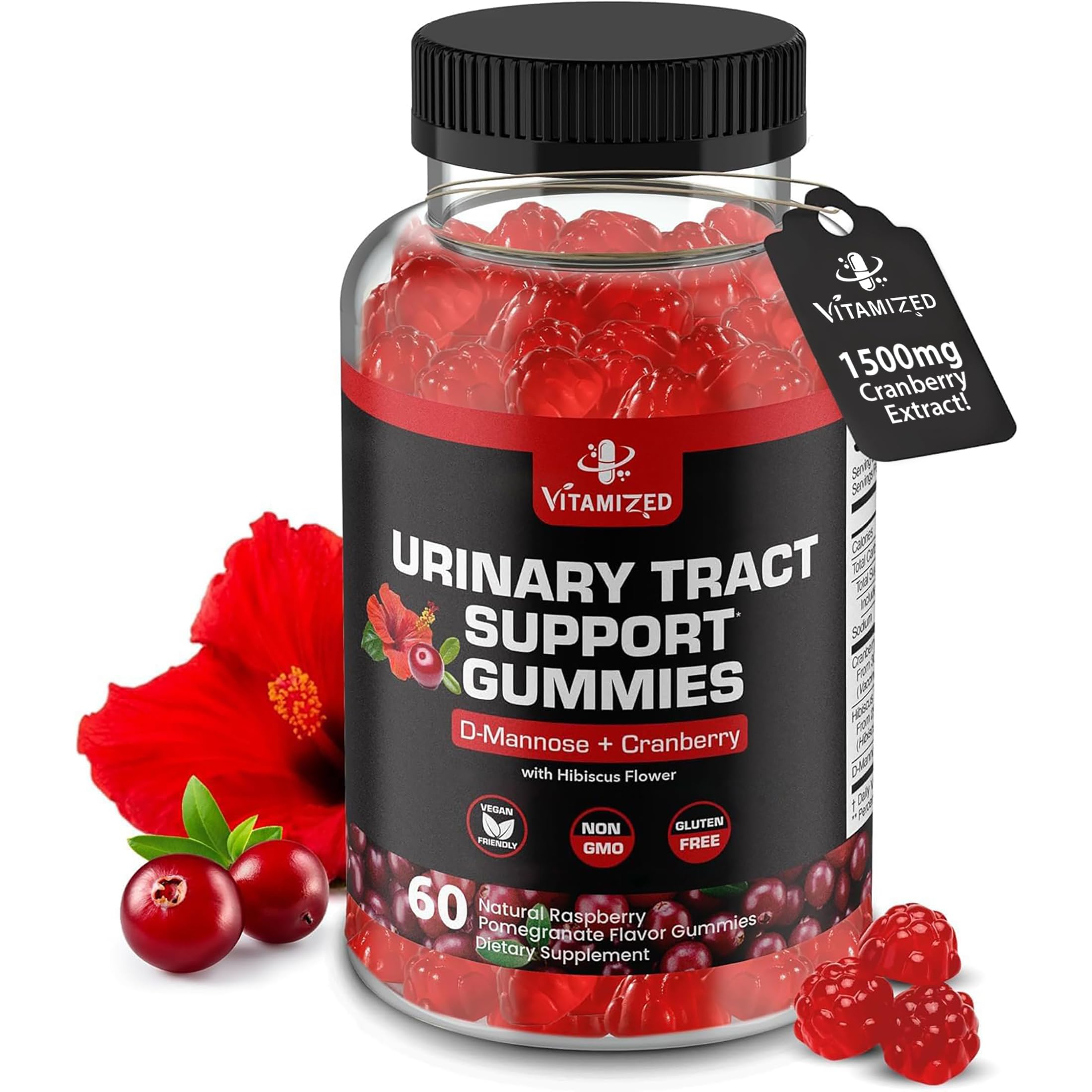 Potent Cranberry Gummies 1500mg with D-Mannose - Fast-Acting Urinary Tract & Bladder Support for Women & Men | Hibiscus Powder Formula | 60 Count | Promotes Urinary Flush & Daily Health Maintenance | Ideal for Travel, Gym & Active Lifestyles