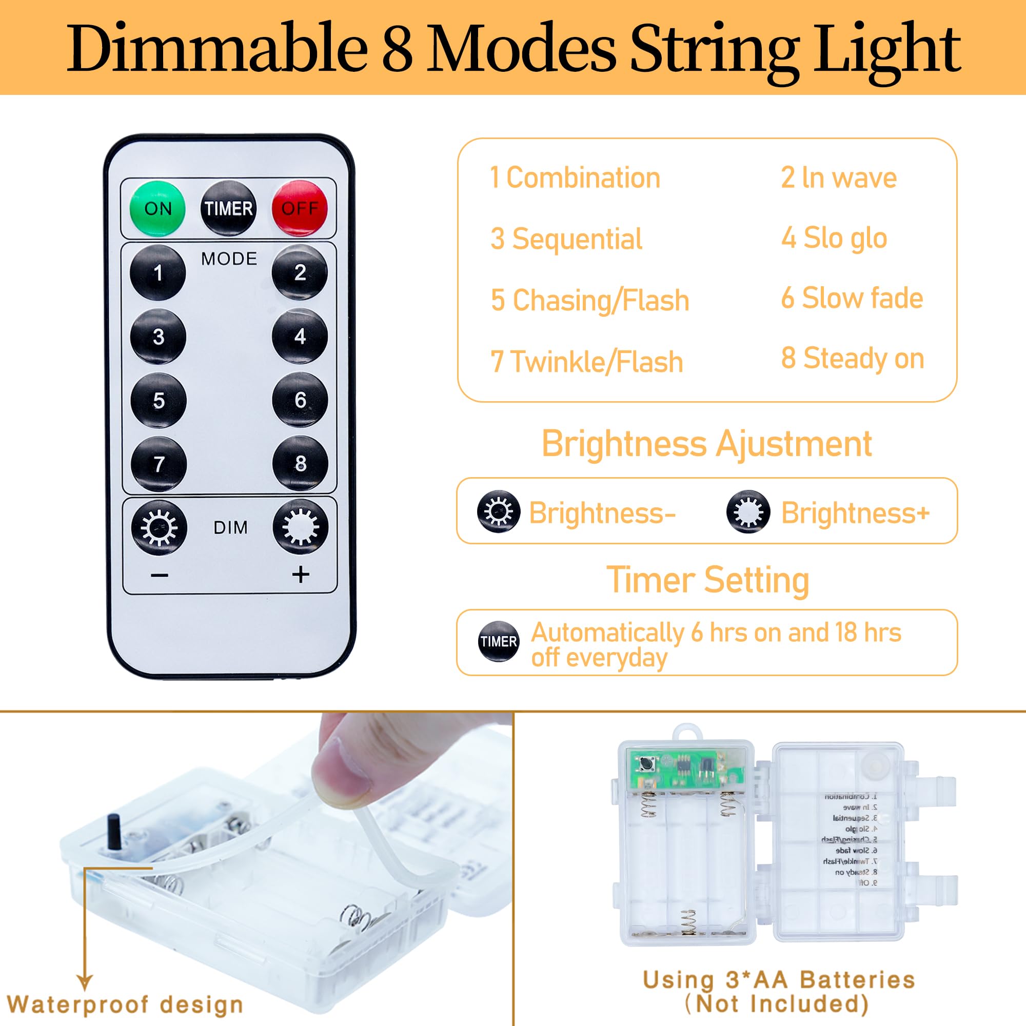 200 LED Fairy String Lights - 20FT Battery Operated Waterproof Copper Wire Lights with 8 Modes for Indoor/Outdoor Use - Perfect for Christmas, Weddings, Parties, Garden, Patio & Tree Decorations (Warm White)