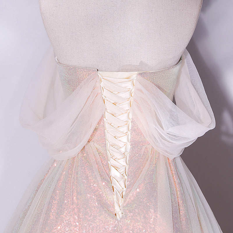 Elegant Off Shoulder Gold & Pink Shiny Prom Dress - A-Line Princess Party Gown for Homecoming, Sweet 16, Formal Events & Special Occasions