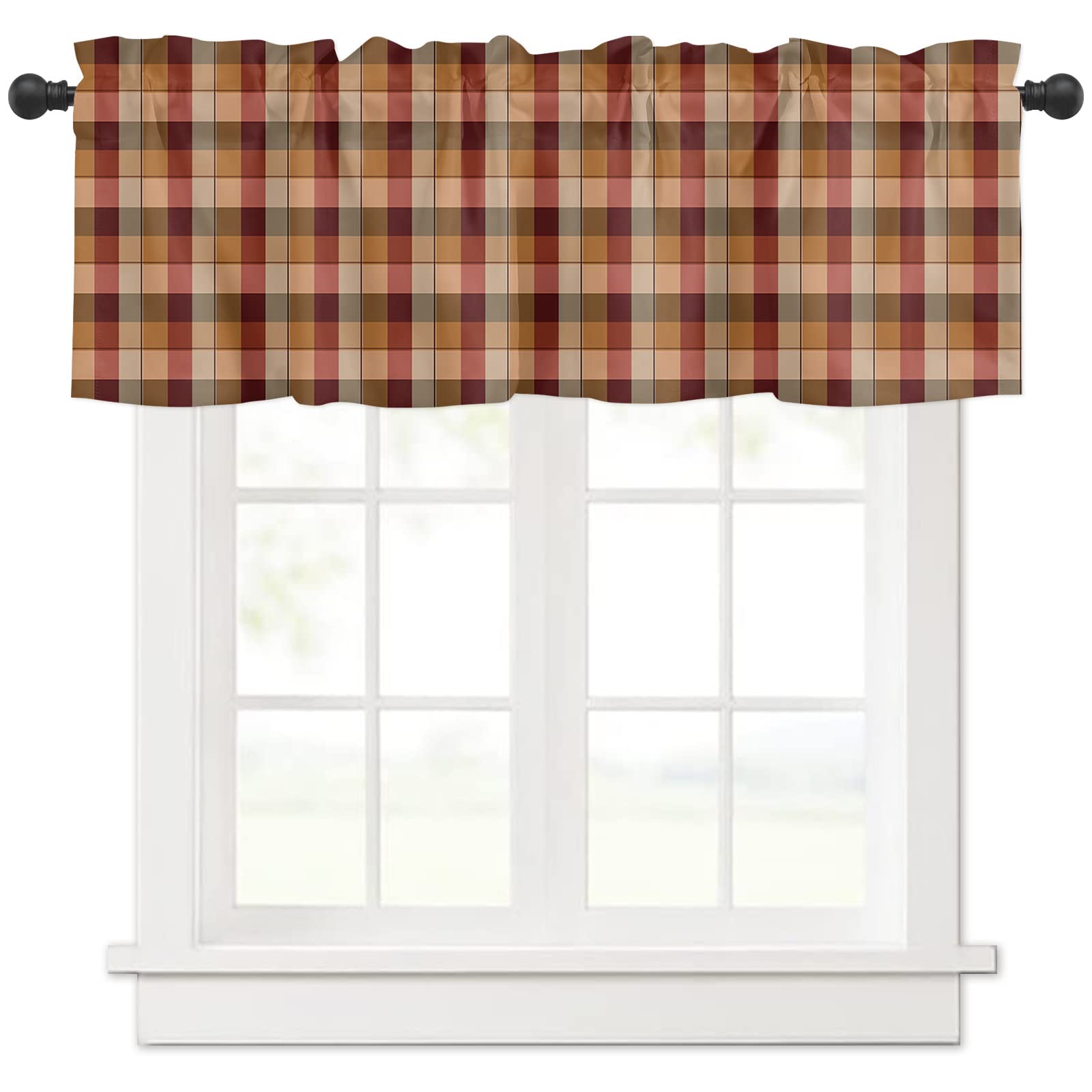 Red Brown Tartan Window Valance - Rustic Farmhouse Beige Plaid Rod Pocket Curtain Panel for Kitchen, Living Room & Bedroom | Short Tier Cafe Curtains for Cozy Farmhouse Decor & Small Window Treatments
