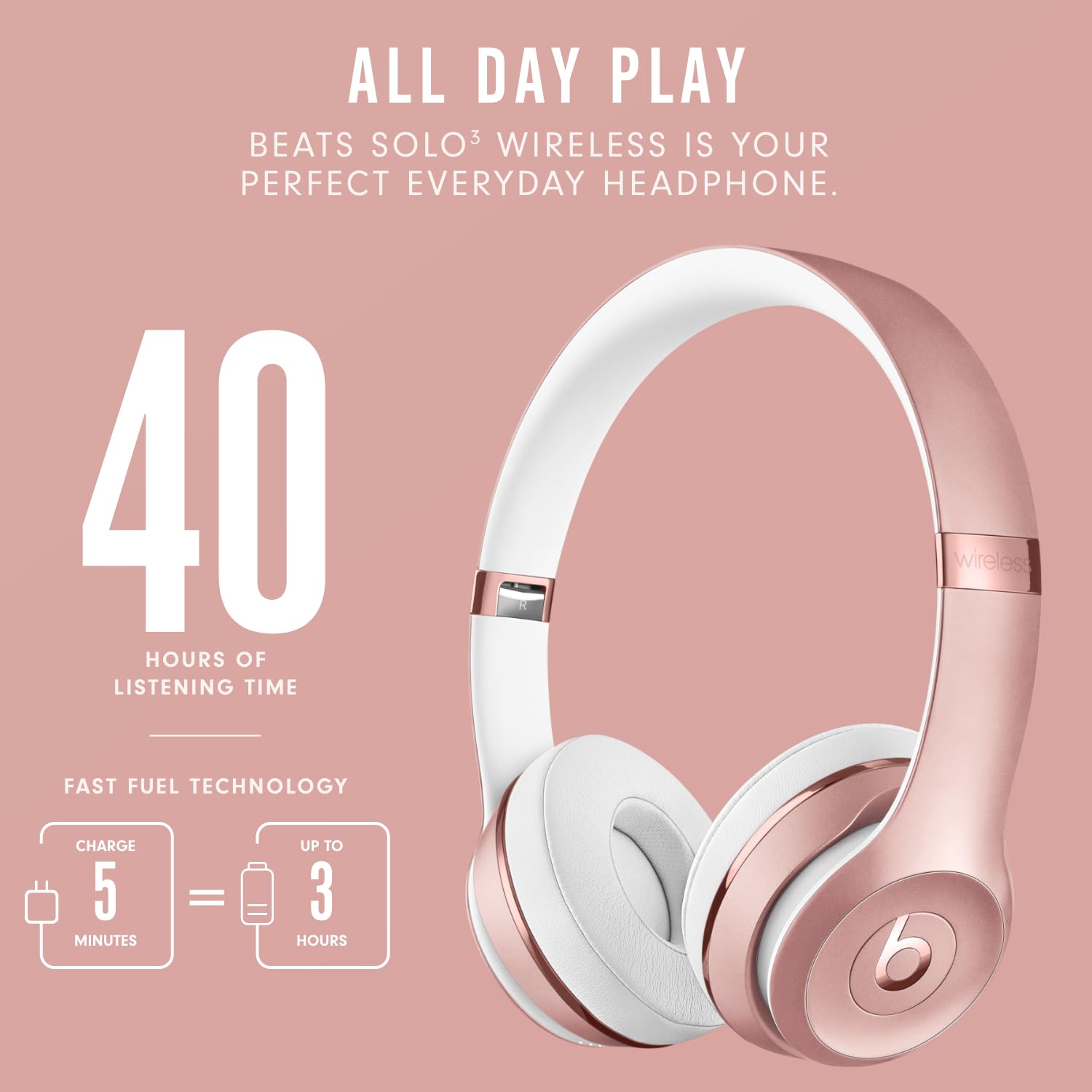 Beats Solo3 Wireless On-Ear Headphones with Apple W1 Chip - Bluetooth 5.0, 40-Hour Battery Life, Noise Isolation - Rose Gold (Latest Model) | Perfect for Workouts, Commuting & Travel