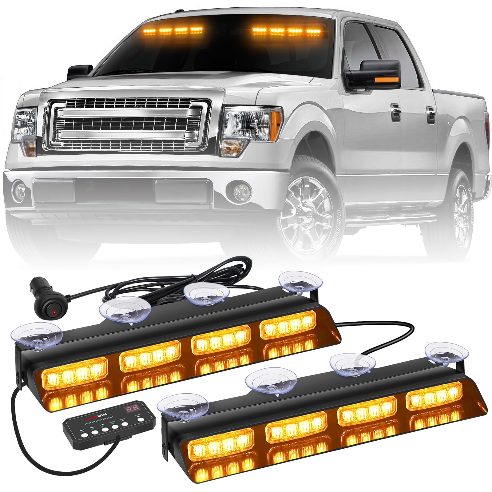 2 in 1 14 Inch Amber Strobe Lights - 32 LED Emergency Dash & Windshield Warning Lights with Suction Cups - Flashing Hazard Safety Lights for Trucks, Construction Vehicles - Ideal for Snow Plows, Road Work & Emergency Scenes