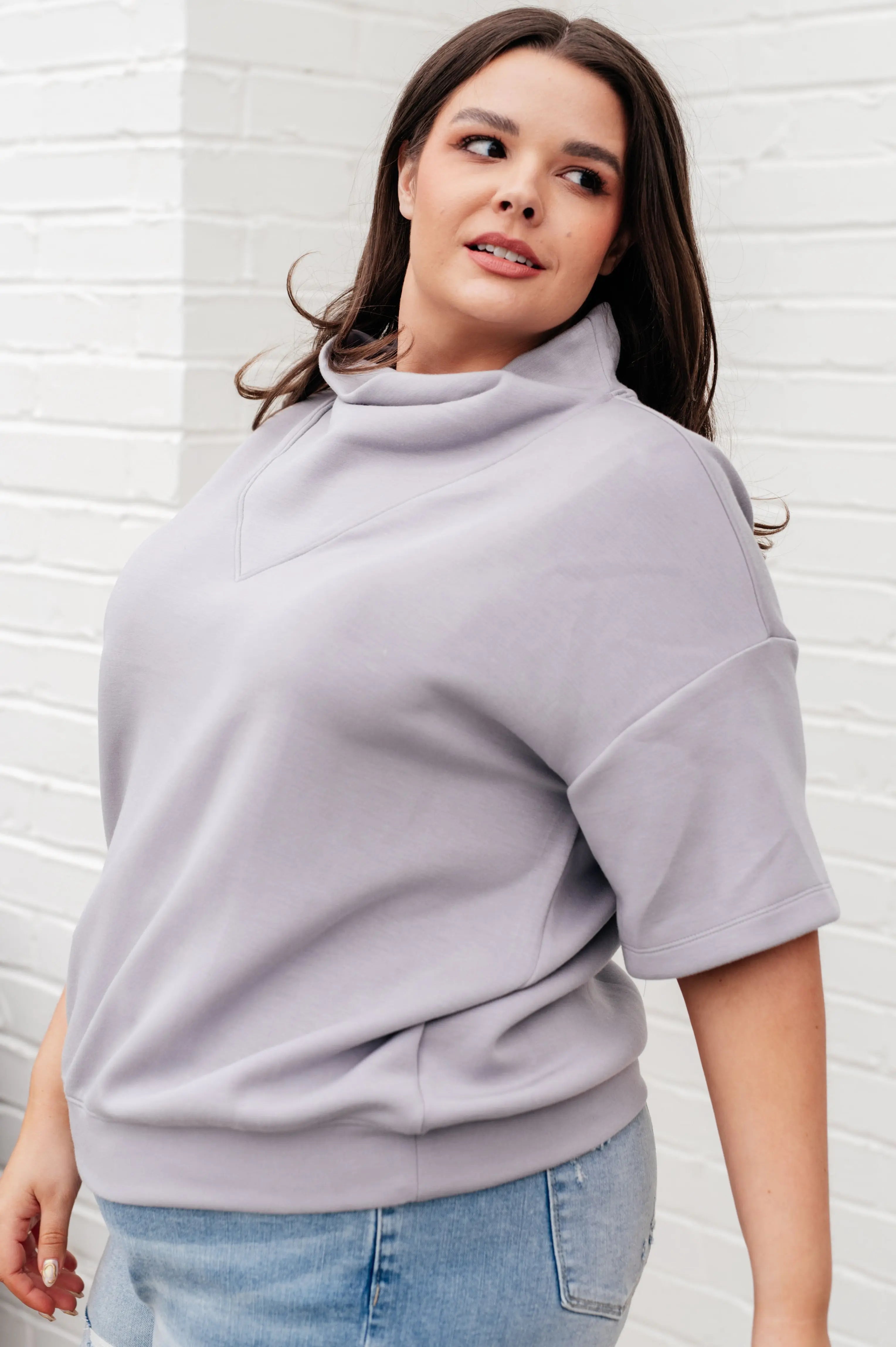 I Just Felt Like It Mock Neck Top in Mystic Grey - Women's Casual Long Sleeve T-Shirt for Everyday Wear, Office & Date Outfits