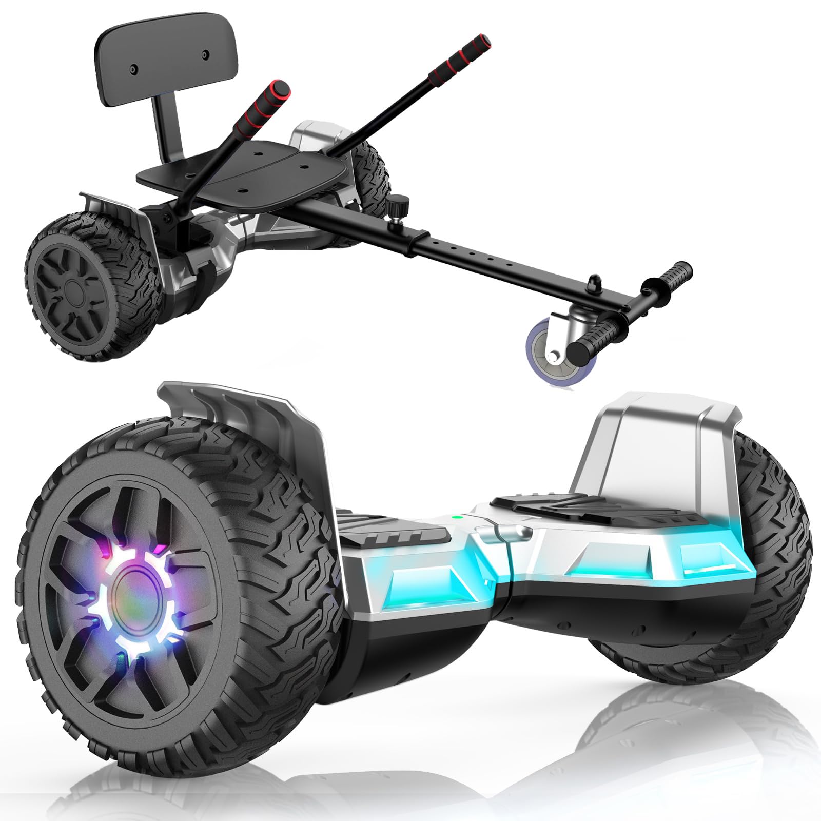 SISIGAD Hoverboard with Seat Attachment - 8.5'' Self Balancing Scooter Go Kart, Bluetooth & LED Lights (Silver+Black) - Perfect for Kids & Adults, Indoor & Outdoor Riding Fun