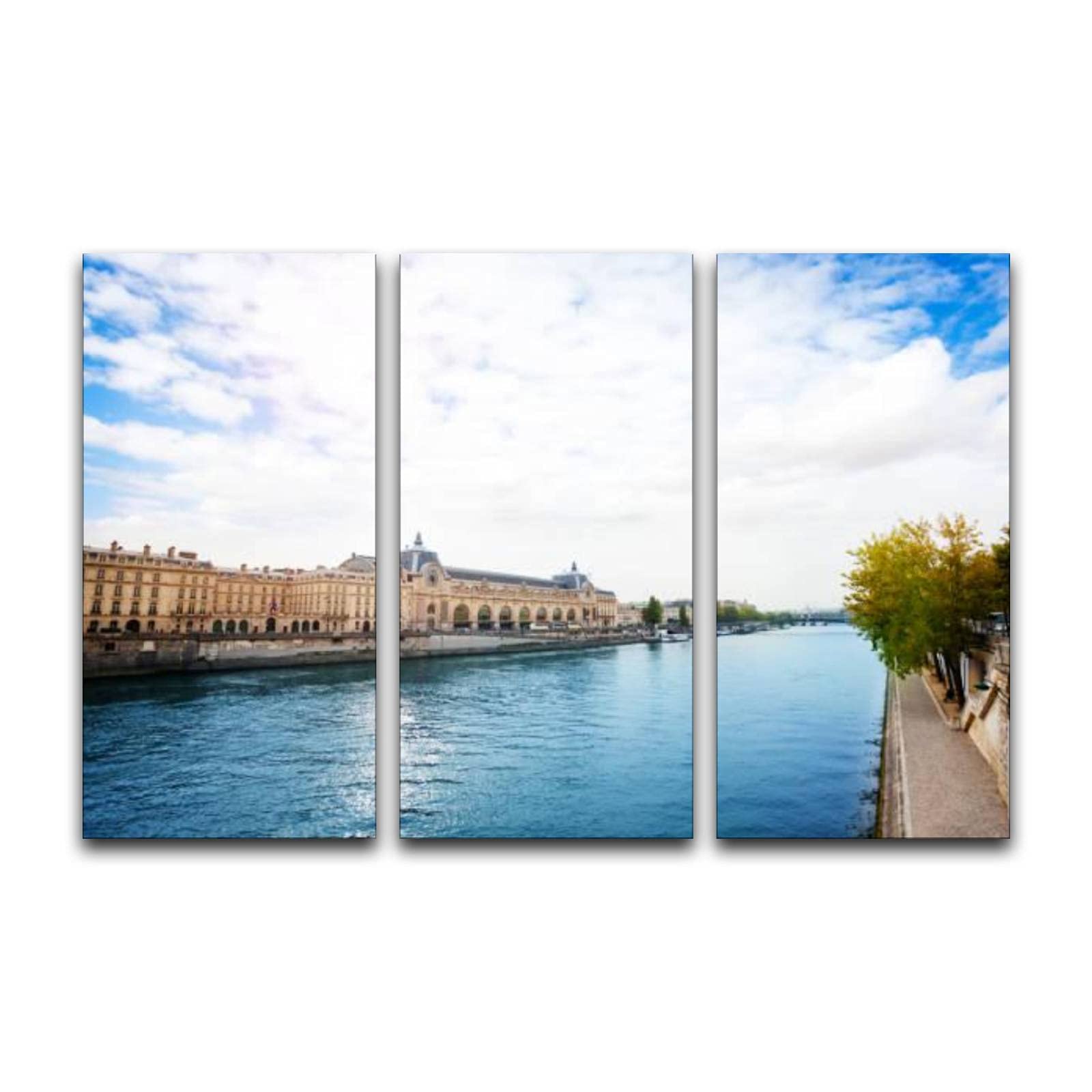 BFOIUGTKRQUE 3-Panel Canvas Wall Art - Seine River Paris & Anatole France Embankment Modern Artwork - Home Decor for Living Room & Bedroom - Ready to Hang - Perfect for Housewarming Gifts & Apartment Decor