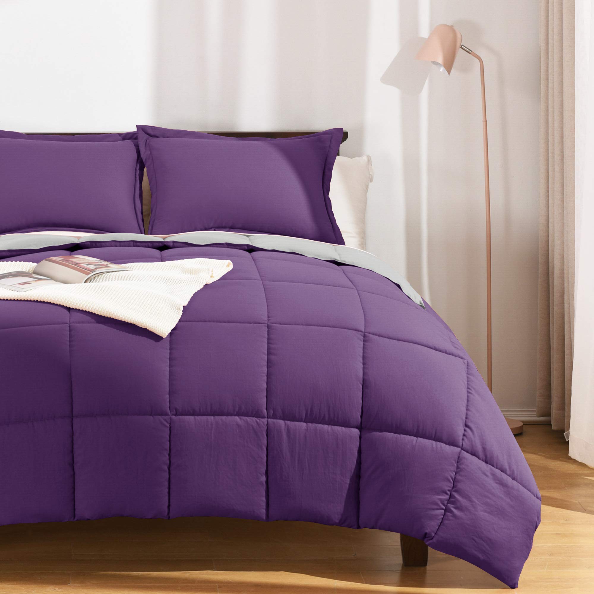 Soft Reversible Purple and Grey Microfiber Queen Comforter Set with 2 Pillow Shams - Lightweight All-Season Bedding for Cozy Sleep - Perfect for Master Bedrooms, Guest Rooms & Dorm Decor