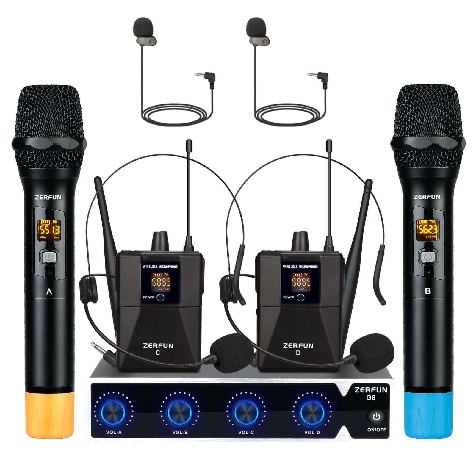 4 Channel UHF Wireless Microphone System - Pro Metal Cordless Handheld & Lavalier Mics for Church, Karaoke, Singing & Events (4x50 Adjustable Frequency, Includes 2 Handheld & 2 Bodypack Mics with G8 Batteries) - Perfect for Worship Services, Live Performances & Home Karaoke Parties