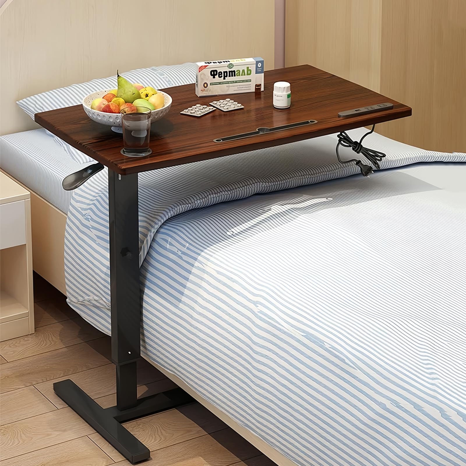 Adjustable Overbed Table with Pneumatic Lift, USB Ports & Outlets - Mobile Hospital & Home Bedside Table with Cup Holder, Laptop Slot & Hidden Wheels - Perfect for Patients, Nursing, and Home Office Use