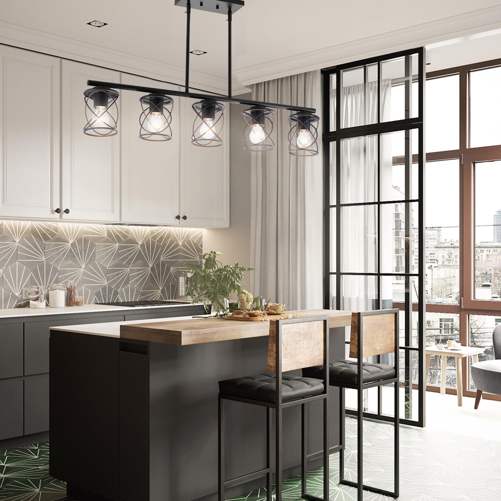 5-Light Farmhouse Linear Pendant Light - Adjustable Black Metal Kitchen Island Lighting Fixture for Dining Room, Living Room & Breakfast Bar | Perfect for Modern Farmhouse, Rustic & Industrial Decor Styles