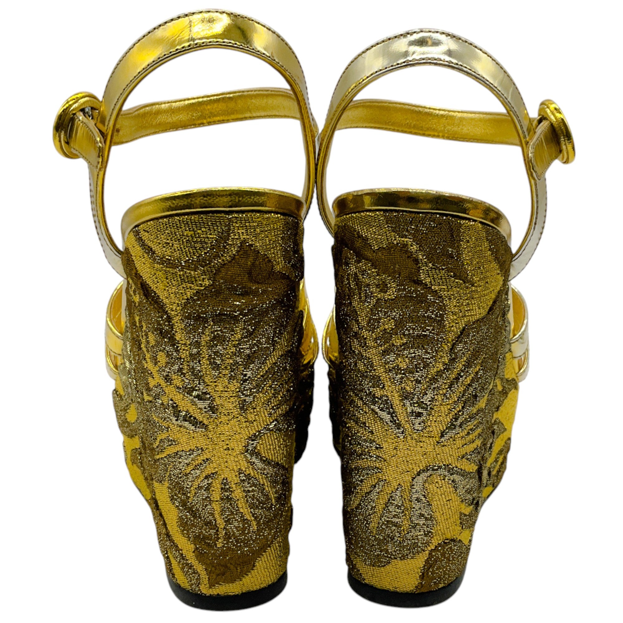 Prada Gold Brocade Capretto Wedge Sandals for Women - Luxury Designer High Heel Open Toe Summer Shoes | Perfect for Weddings, Parties & Special Occasions
