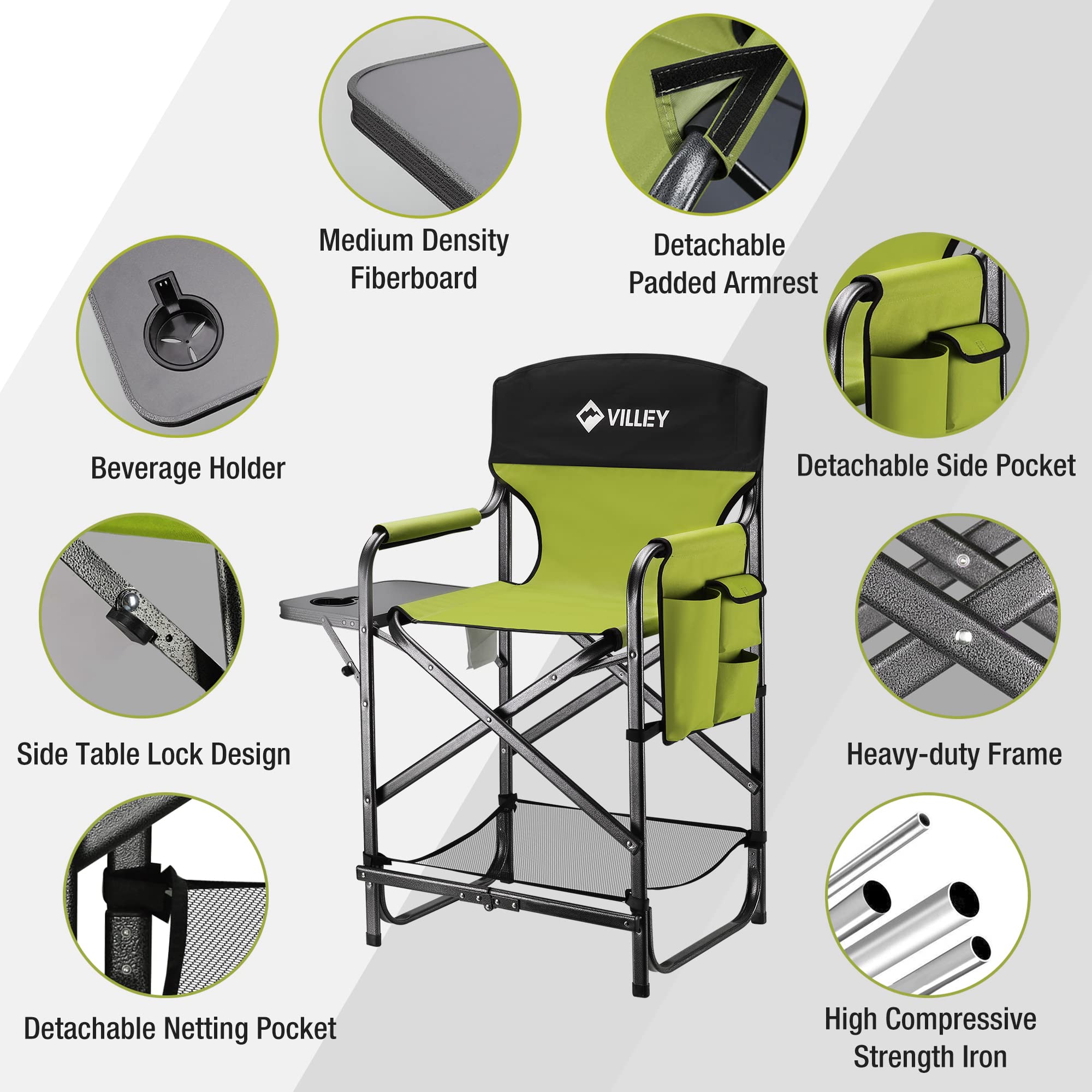 VILLEY Tall Directors Chair - Heavy Duty 900D Fabric Folding Camping Chair with Footrest - Supports 350 lbs for Outdoor, Tailgating, Camping, Picnic & Beach - Green Makeup Artist & Photographer Chair for Professional & Home Use