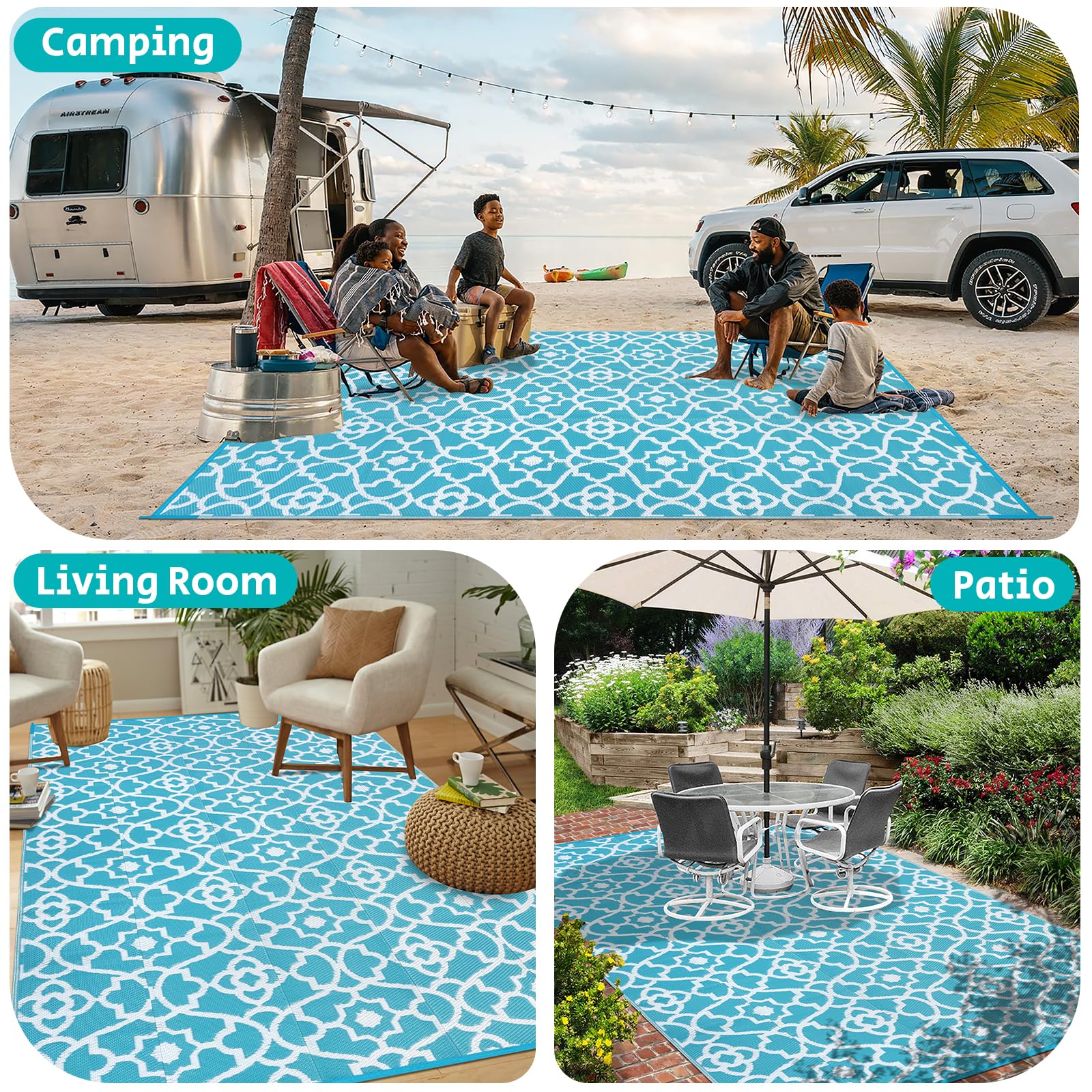 HEBE 9'x12' Waterproof Reversible Outdoor Rug - Durable Plastic Straw Patio Mat for Camping, RV, Porch, Deck, Balcony, Backyard | Perfect for Outdoor Gatherings & Summer Entertaining