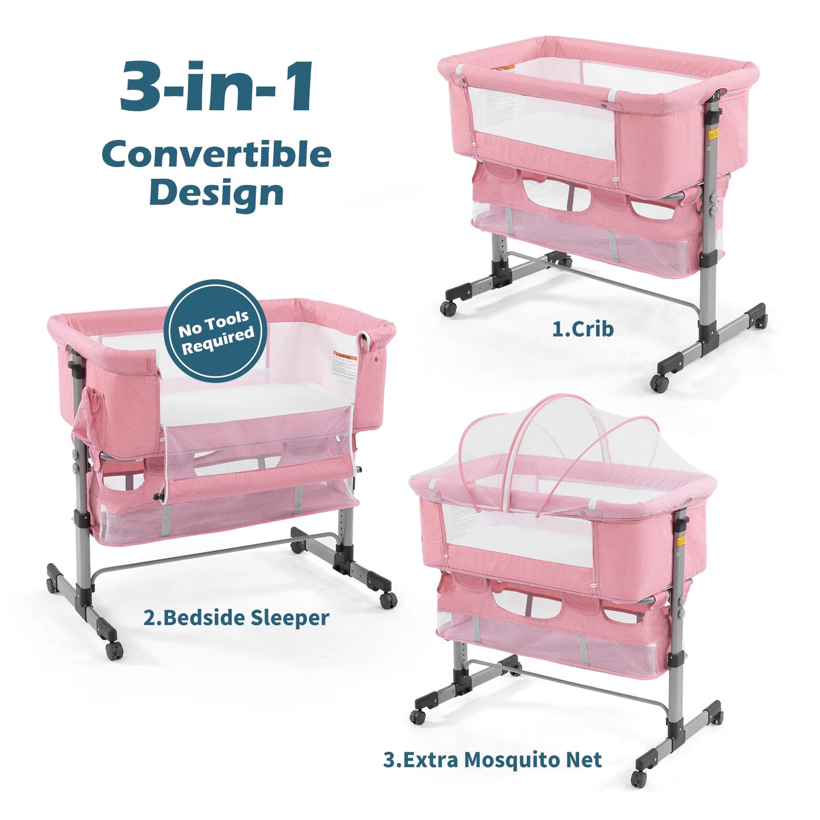 3 in 1 Portable Baby Travel Crib with Breathable Mesh & Adjustable Height - Detachable Mosquito Net & Mattress Included - Perfect for Infants, Toddlers & Newborns (Pink) | Ideal for Home, Travel, Camping & Outdoor Use