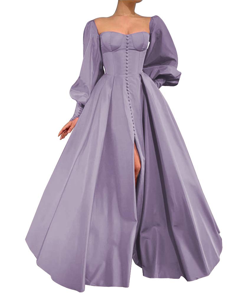 Elegant Puffy Sleeve A-Line Ball Gown with Buttons & Split - Sweetheart Neckline Long Evening Dress in Wisteria Purple | Perfect for Prom, Wedding Guest & Formal Events