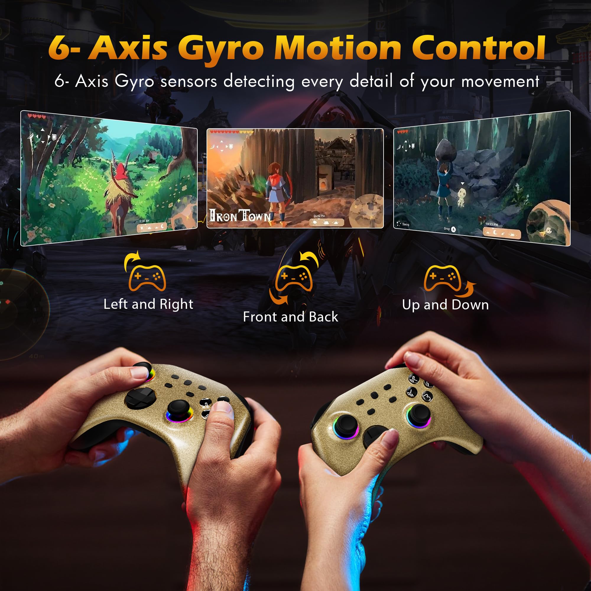 Mytrix Gold Wireless Pro Controller for Nintendo Switch/Switch Lite/Switch OLED - RGB Joystick Gamepad Compatible with PC/Android/iOS/Steam/Steam Deck - Multi-Platform Gaming Controller for Home Entertainment & Travel Gaming
