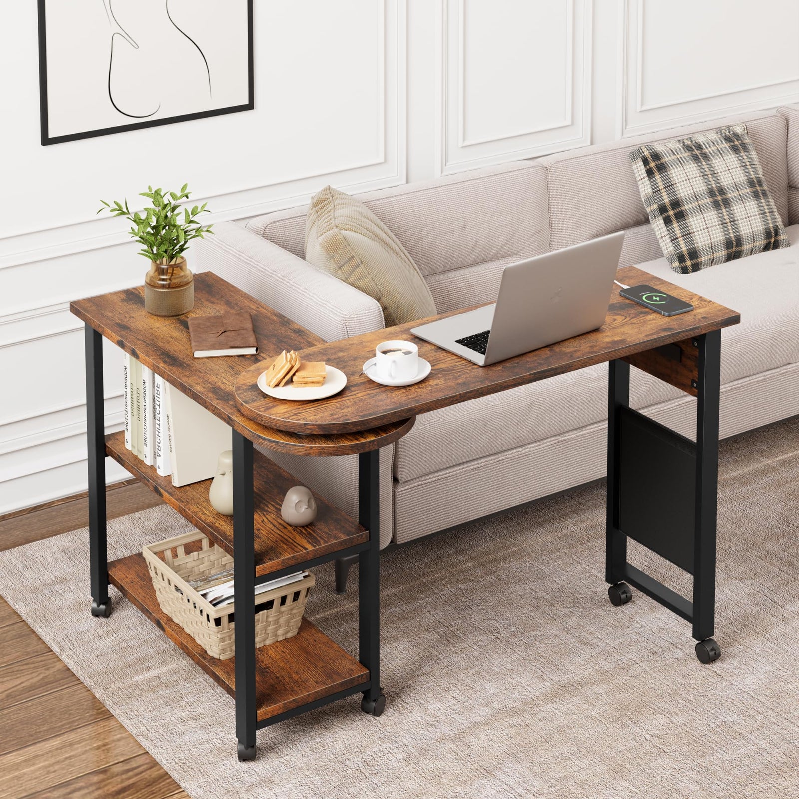 GARVEE 360° Rotatable End Table with USB Charging Station, Extra Storage Shelf & Lockable Wheels - Modern MDF & Metal Side Table for Bedroom, Living Room, Office - Perfect Nightstand for Phones, Books & Bedside Essentials