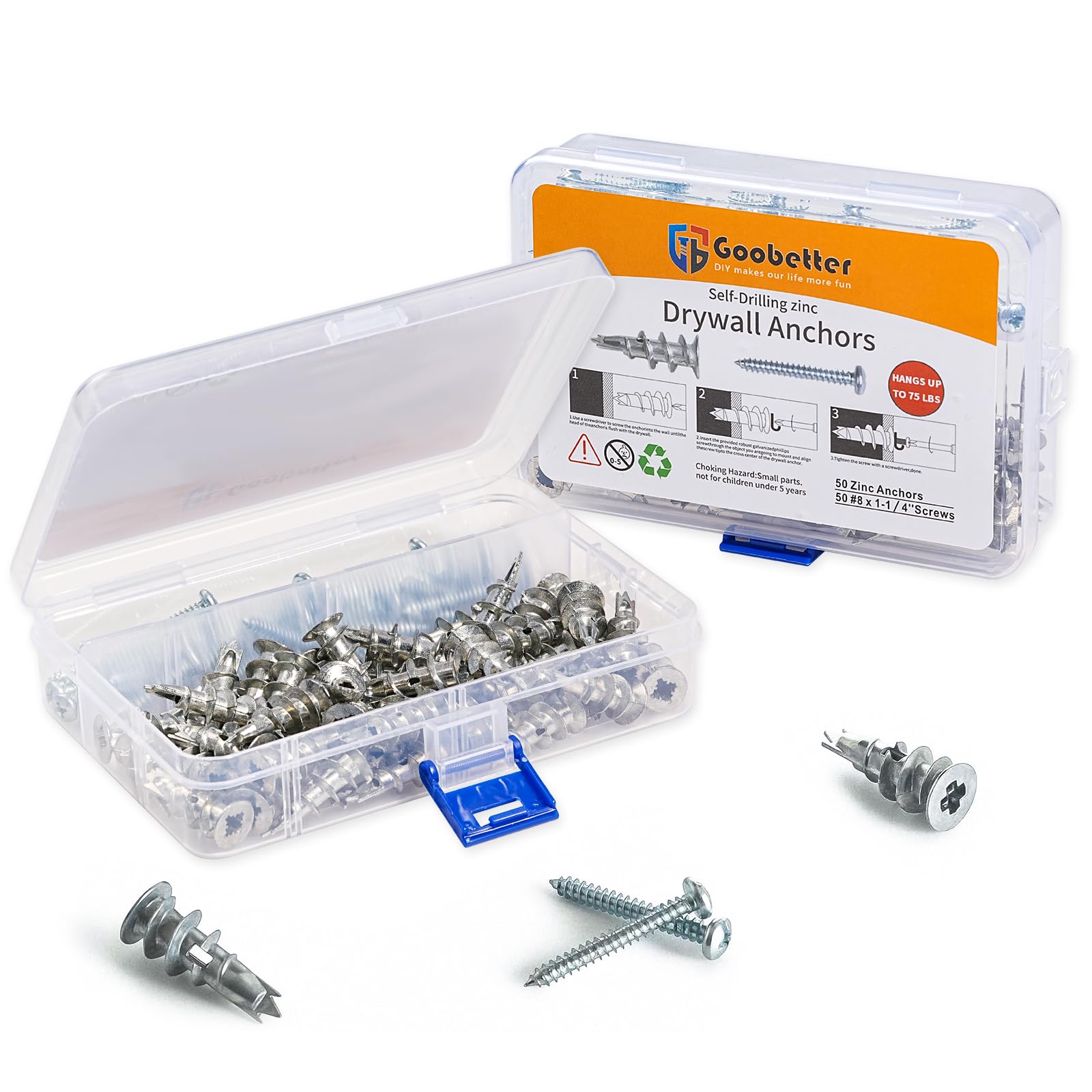 100-Piece Heavy Duty Drywall Anchors and Screws Kit - 50 Self-Drilling Sheetrock Anchors & 50 #8 x 1-1/4