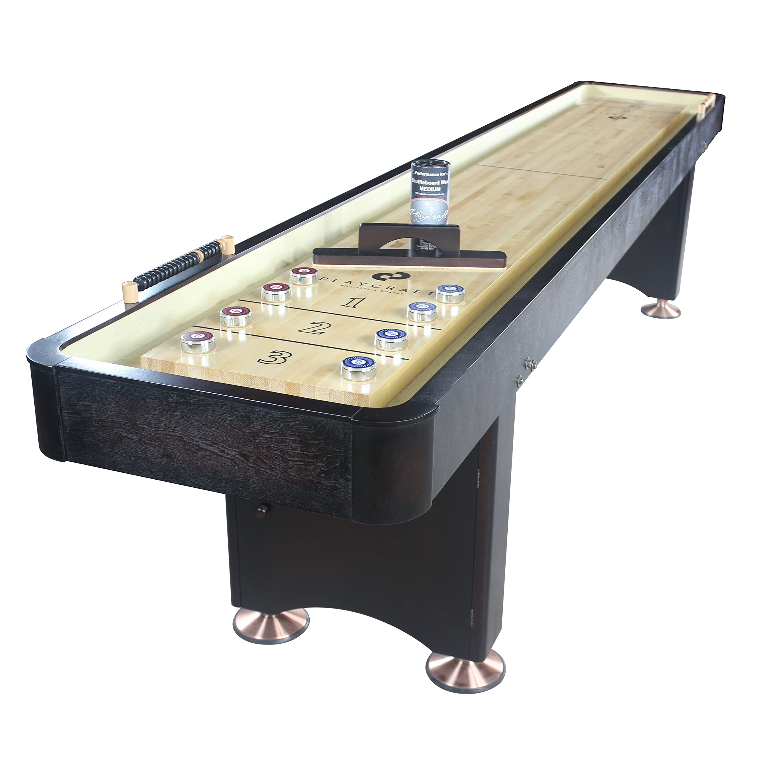 Playcraft Georgetown Shuffleboard Table with Storage Cabinet - Premium Shuffle Board Game Set Includes Matching Abacus, 8 Pucks, Brush & Wax - Professional Climate Adjusters - Hand-Stained Burnished Finish - Perfect for Game Rooms, Bars, and Family Entertainment