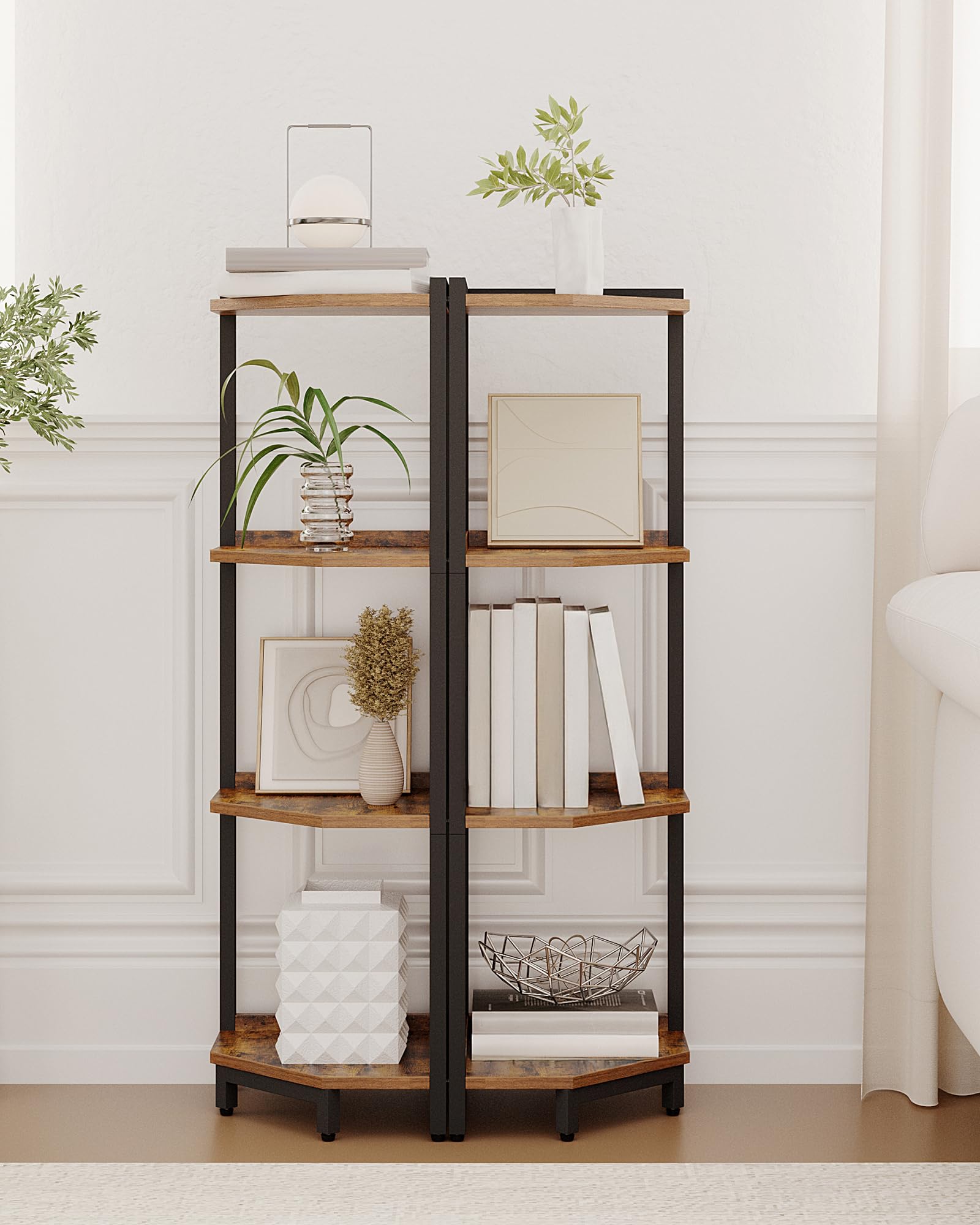 Rustic Brown 4-Tier Corner Shelf Stand - Metal Frame Storage Bookcase for Living Room, Home Office & Bedroom | Space-Saving Plant Stand & Bookshelf Organizer for Small Spaces & Home Decor