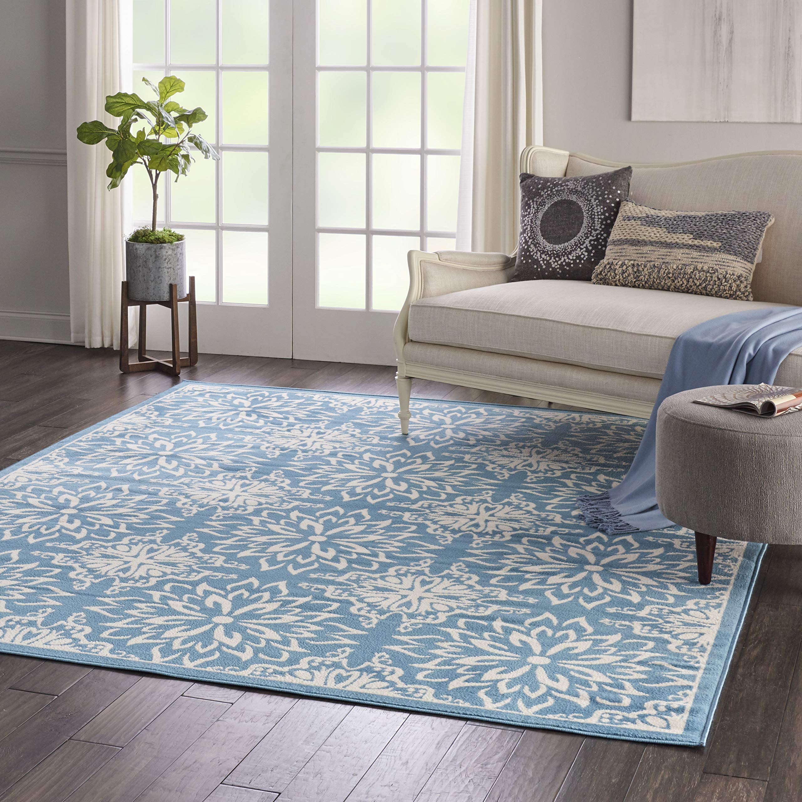 Nourison Jubilant Floral Ivory/Blue 8x10 Area Rug - Easy to Clean, Non-Shedding, Soft & Durable for Bedroom, Living Room, Dining Room, Kitchen | Perfect for Home Decor, Cozy Spaces & High-Traffic Areas