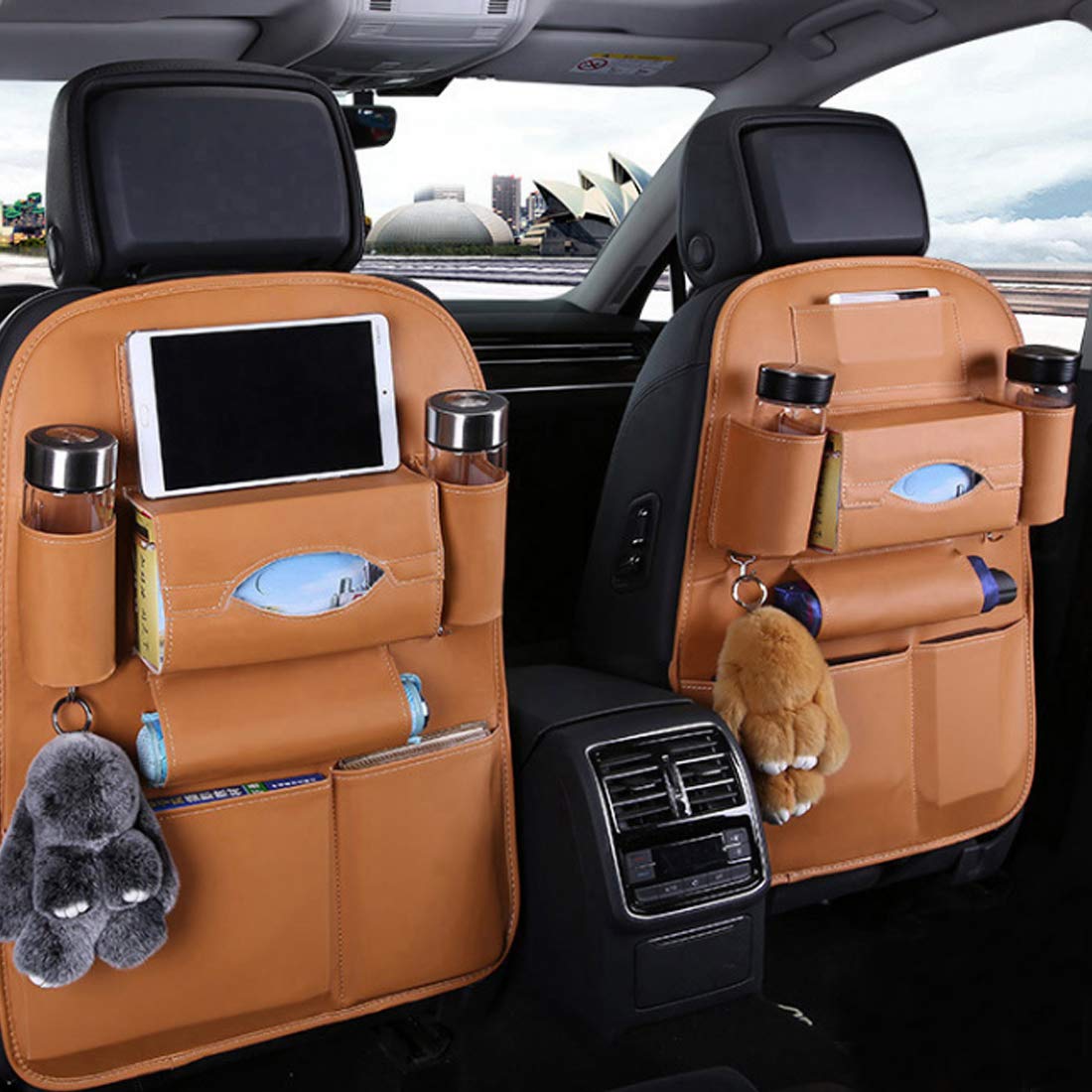 Premium PU Leather Car Seat Back Organizer with Tablet Holder - Universal Backseat Storage for Kids, Bottles, Toys & Tissue Box (Orange, 2 Pack) - Perfect for Road Trips & Family Travel Organization