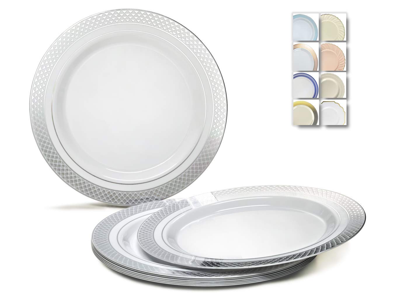 60 Heavyweight Disposable Plastic Plates for Wedding & Party - 10.5'' Elegant White & Silver Dinner Plates - Perfect for Celebrations, Banquets, and Special Events