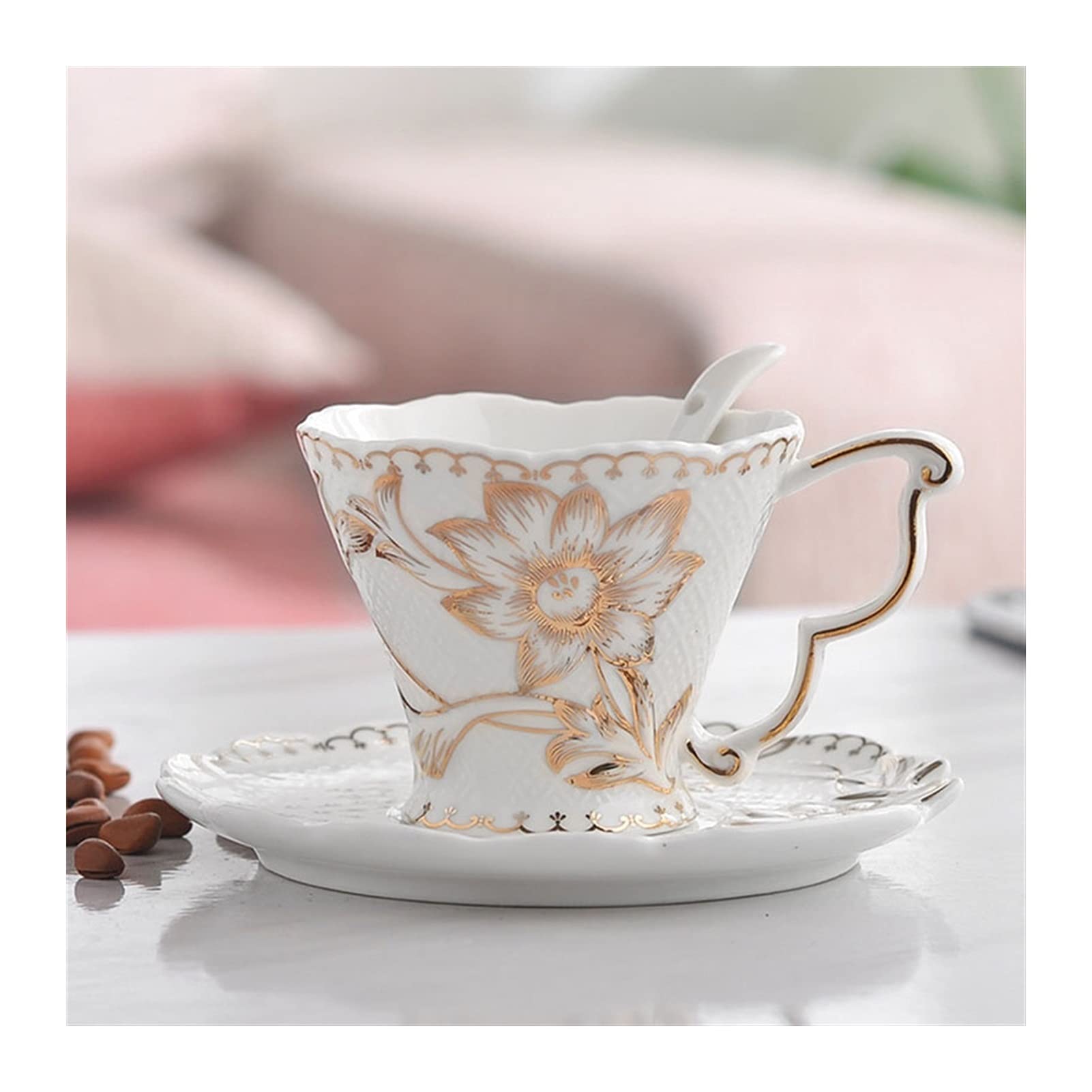 Premium White Porcelain Coffee Mug and Saucer Set - 200ml Ceramic Tea Cup for Afternoon Tea, Continental Breakfast & Office Use - Elegant Gold Trim (Set of 4) - Perfect for Gifts, Home Decor & Daily Coffee Rituals