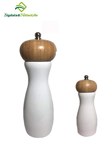 Premium Wooden Manual Salt and Pepper Grinder Set - Adjustable Coarseness, High-Strength Wear-Resistant Ceramic Core - Perfect for Cooking, Kitchen, Dining Table & Gourmet Meal Preparation - Bigdata&BetterLife (White)