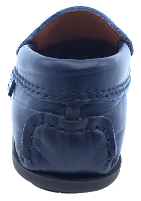 **Boys & Girls Leather Moccasin Loafers with Embossed Stripes - Navy Blue | Comfortable Kids' Slip-On Shoes for School, Casual Wear & Special Occasions**