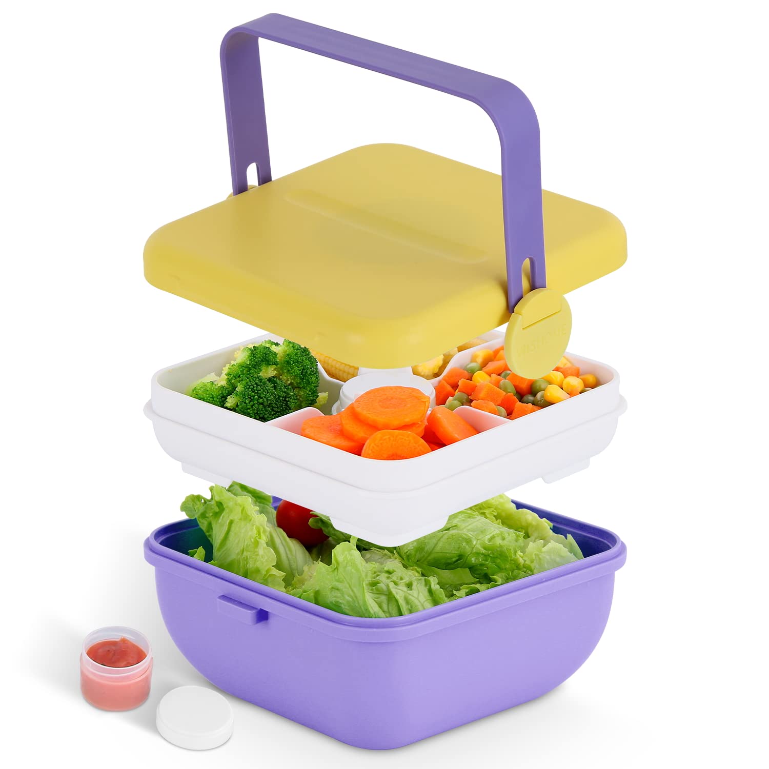 ANDMOON 45oz Bento Box Salad Container with 4 Compartments, Removable Tray & Dressing Pots - Leakproof Food Storage for Lunch, Meal Prep, School, Office & Travel - Perfect for Salads, Snacks & Healthy Eating (Yellow)
