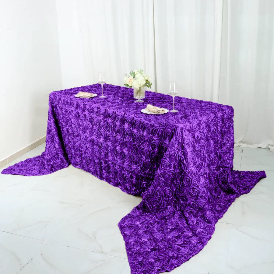 BalsaCircle 90x156 Inch Purple Satin Raised Rosettes Rectangle Tablecloth - Elegant Wedding Reception, Party Banquet & Formal Dining Room Table Linens for Special Occasions