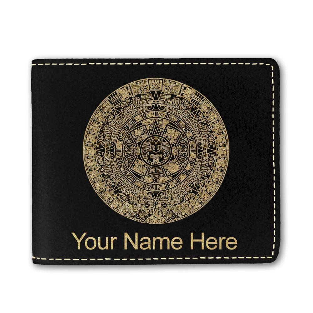 Handmade Faux Leather Wallet with Aztec Calendar Design - Custom Engraving Available | Perfect for Men's Everyday Carry, Gift Giving & Travel Accessories