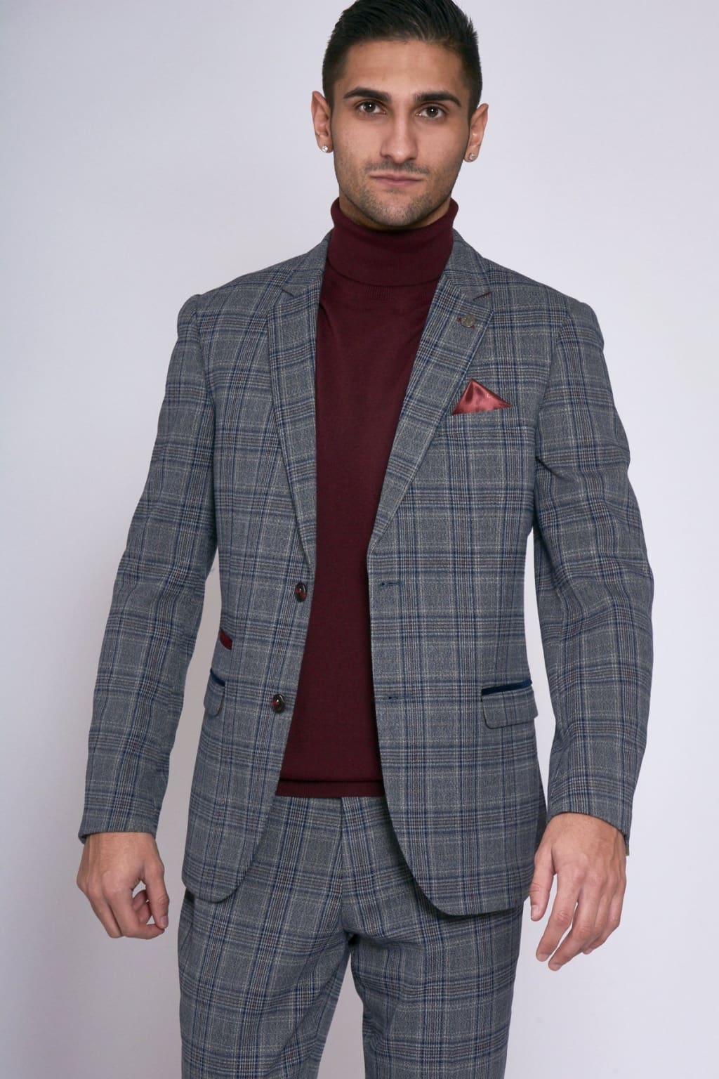 Marc Darcy ENZO Grey Men's Blue Check Tweed Blazer Jacket - Classic Slim Fit Formal Coat for Business, Weddings & Special Occasions