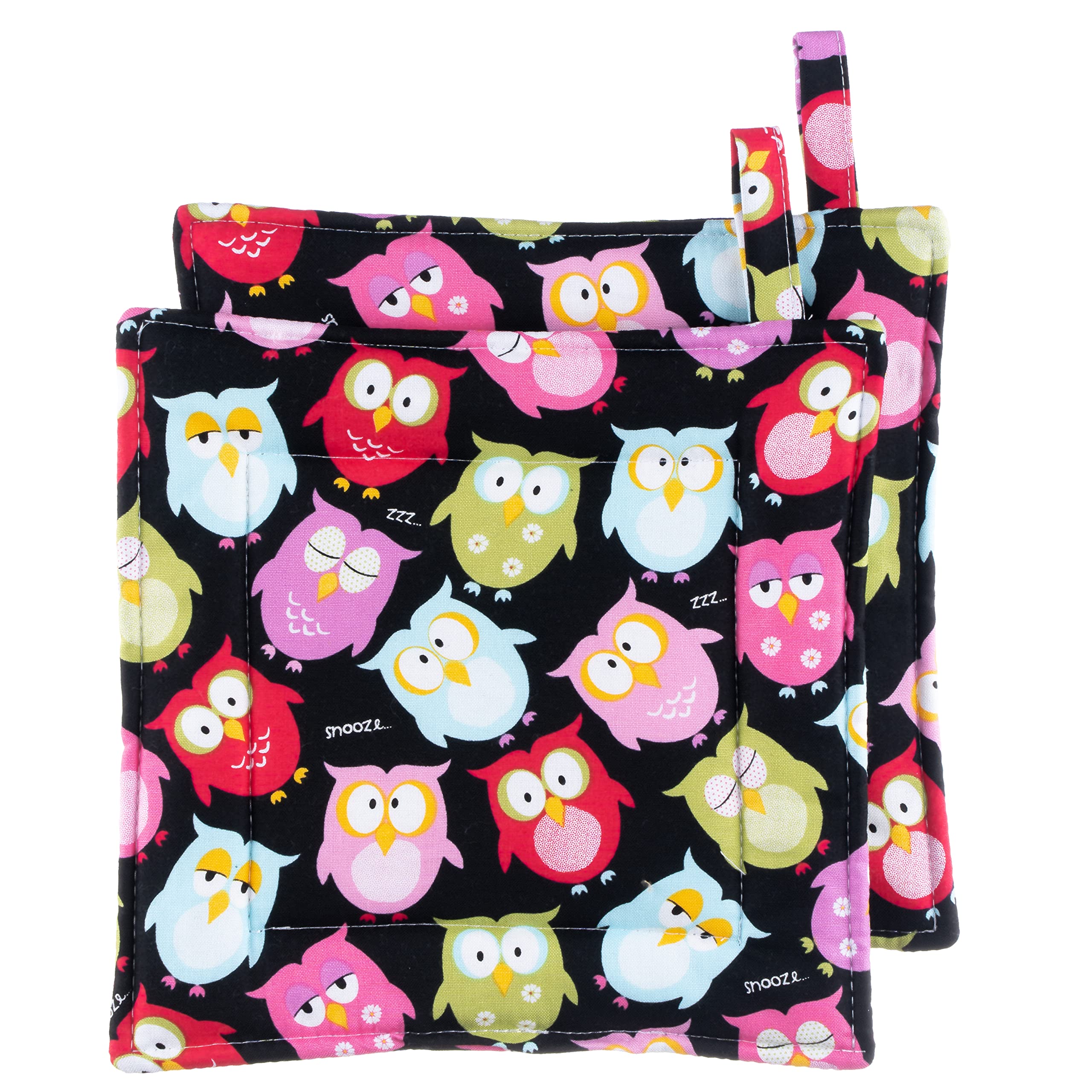 Bright Owls Pot Holder Set - 2 Quilted Heat Resistant Kitchen Potholders for Cooking, Baking & Decor | Cute Owl Design Oven Mitts for Women & Home | Perfect Housewarming & Holiday Gift Idea for Kitchen Lovers
