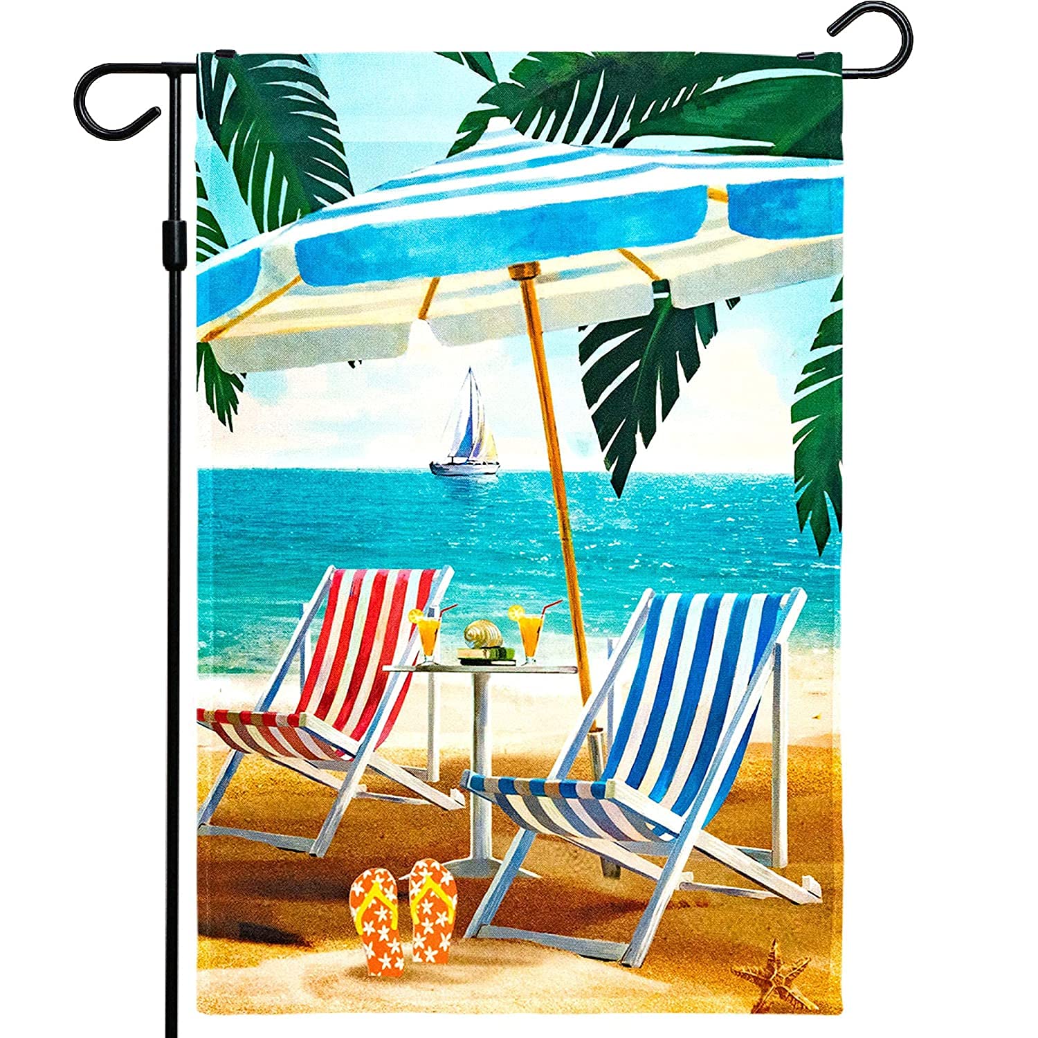 G128 Rustic Beach Summer Garden Flag with Chairs & Umbrella - 12