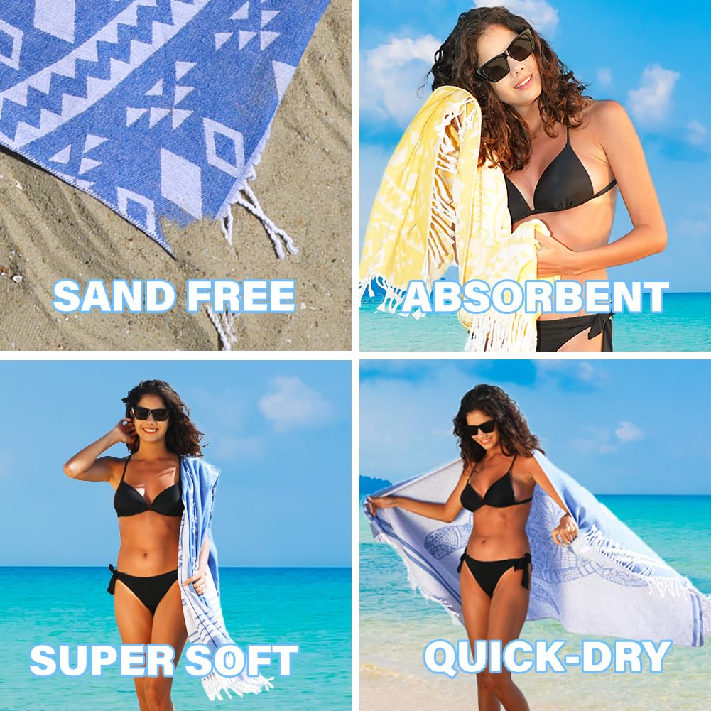 Premium Turkish Beach Towel - Extra Large Lightweight Quick Dry Absorbent Cotton Bath & Swim Towel - Oversized Sand-Free Pool Towel for Adults - Perfect for Beach Vacations, Poolside Lounging & Spa Days