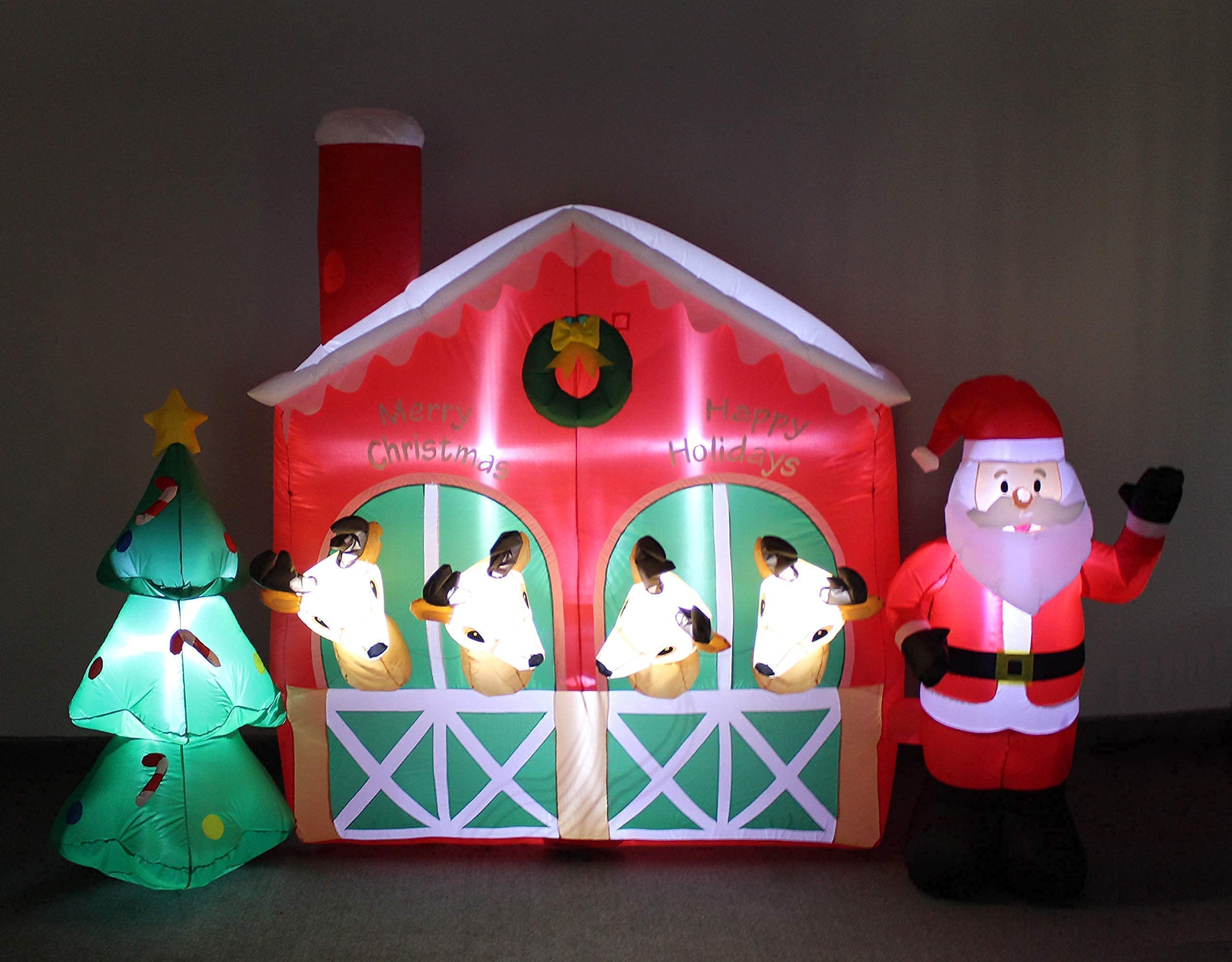 9ft Inflatable Santa Claus Reindeer & Christmas Tree Decorations + 6ft Happy Birthday Cake with Candles - Outdoor Christmas & Birthday Party Decor Bundle for Yard, Garden, and Holiday Celebrations