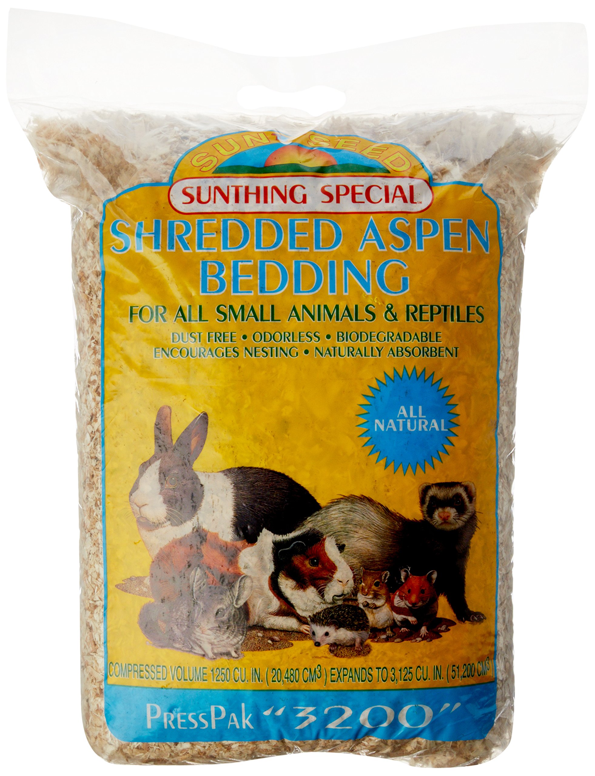 Sunseed Shredded Aspen Bedding - 3200 Cubic Inches Natural Small Animal Nesting Material for Hamsters, Guinea Pigs & Rabbits | Soft Burrowing Substrate for Cages, Hutches & Pet Habitats