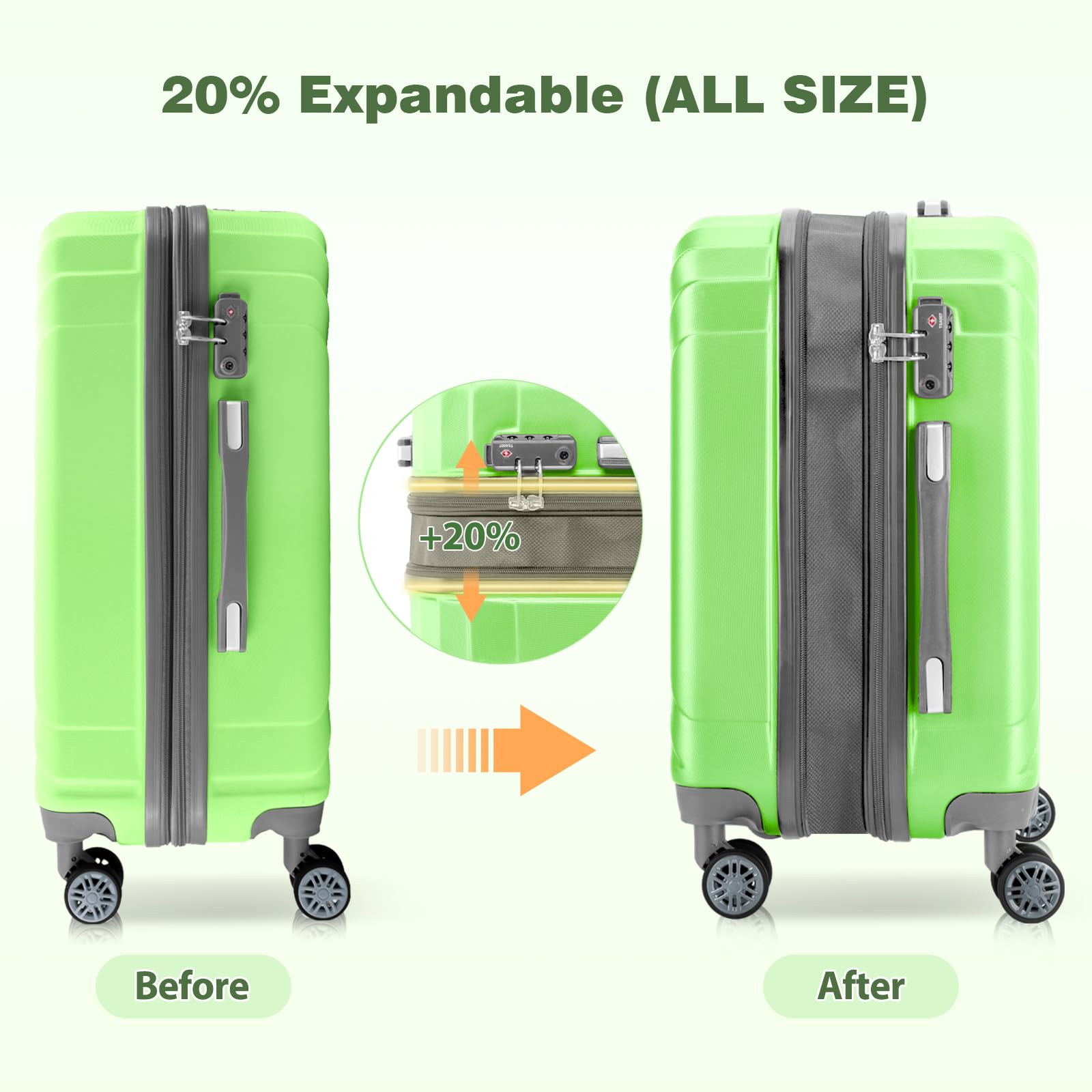 AnyZip 3-Piece Expandable Hard Shell Luggage Set with TSA Lock - 20/24/28 Inch Lightweight Rolling Suitcases (Light Green) for Air Travel, Business Trips & Family Vacations