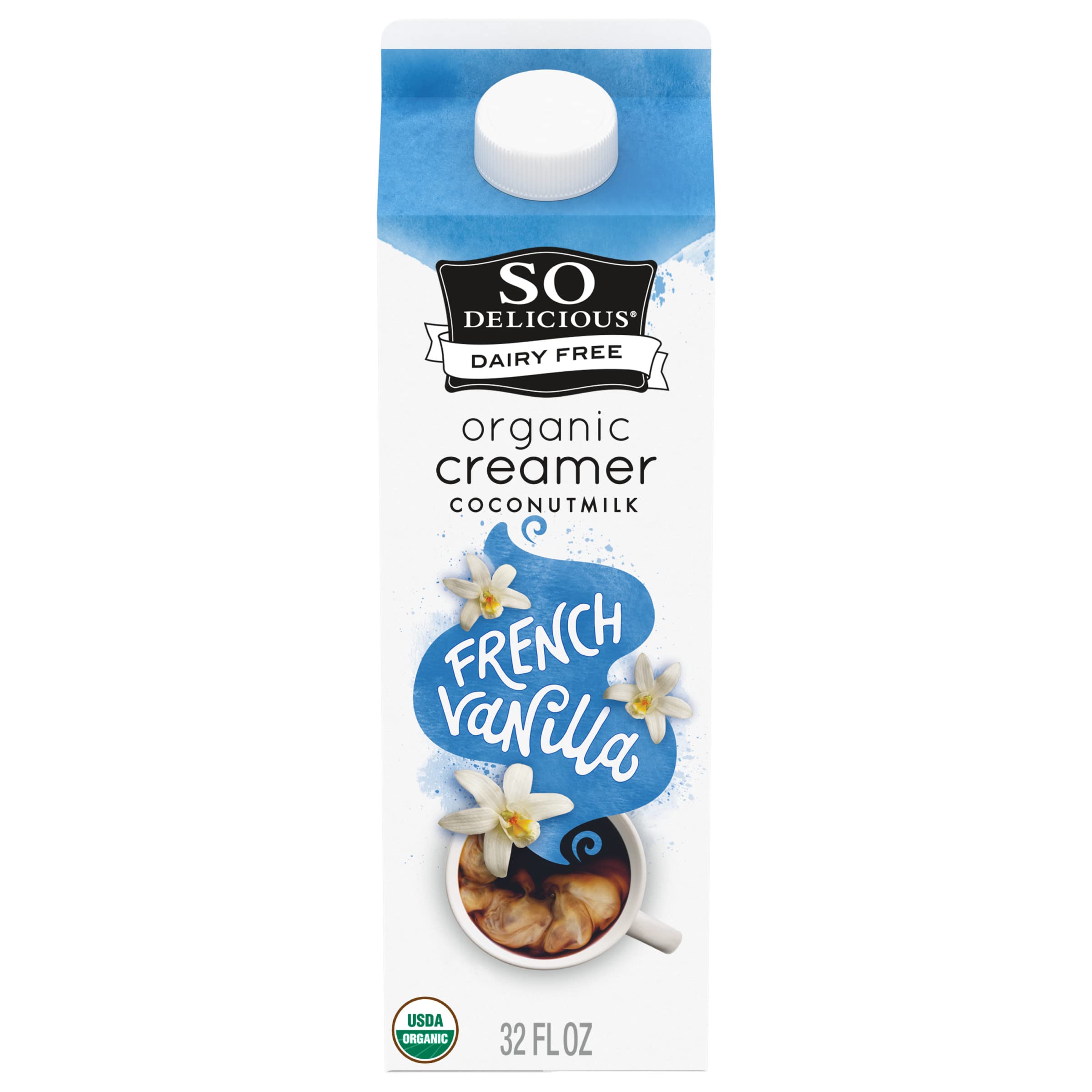 So Delicious Dairy Free Coconut Milk Creamer - French Vanilla Flavor, Vegan, Organic, Non-GMO, Plant-Based Coffee Creamer, 32 FL OZ Carton - Perfect for Coffee, Tea, Smoothies & Baking