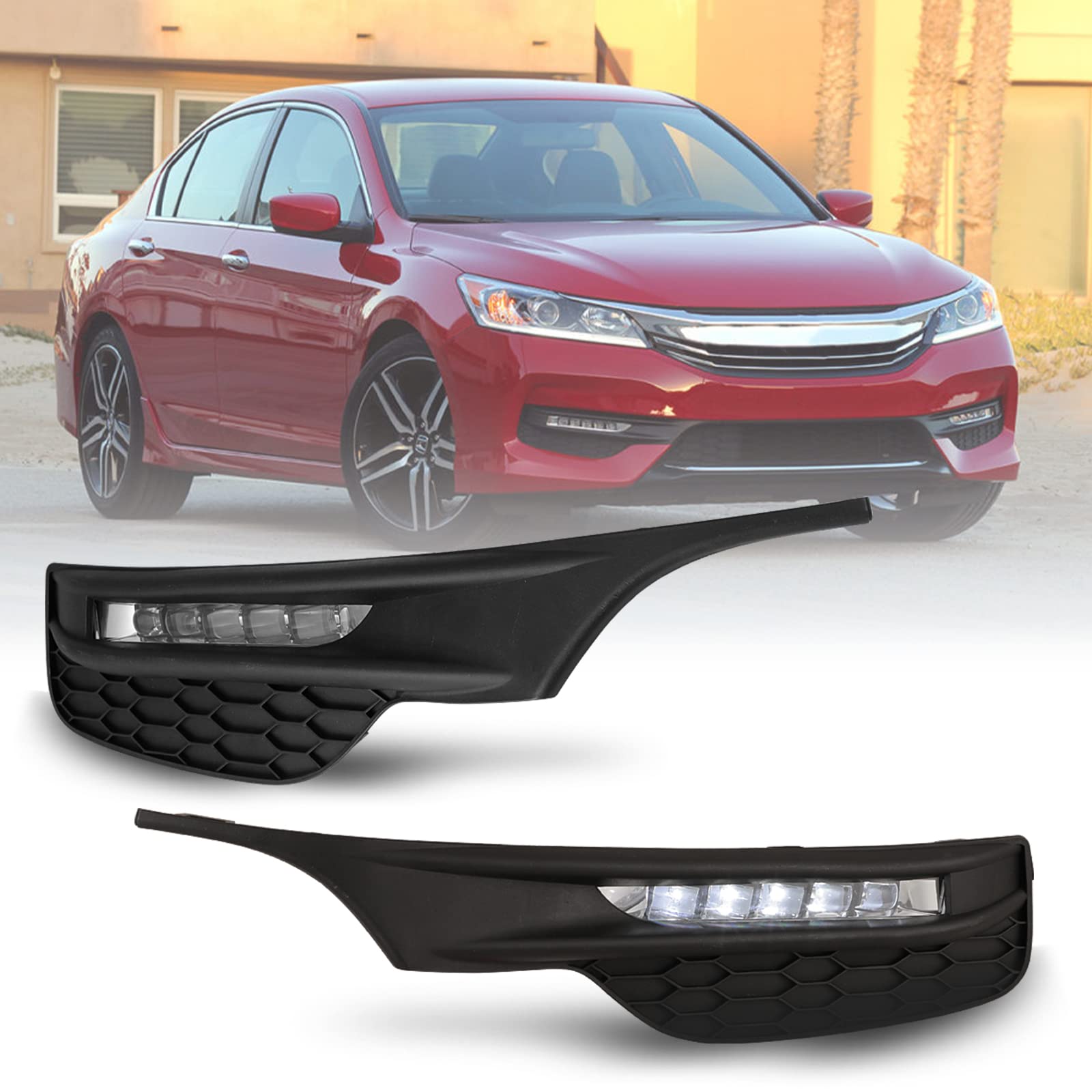 ROXX LED Fog Lights Driving Bumper Lamps for 2016-2017 Honda Accord Sedan 4Dr - Clear Lens with Switch & Wiring Harness | Durable Weatherproof Lights for Night Driving & Off-Road Adventures