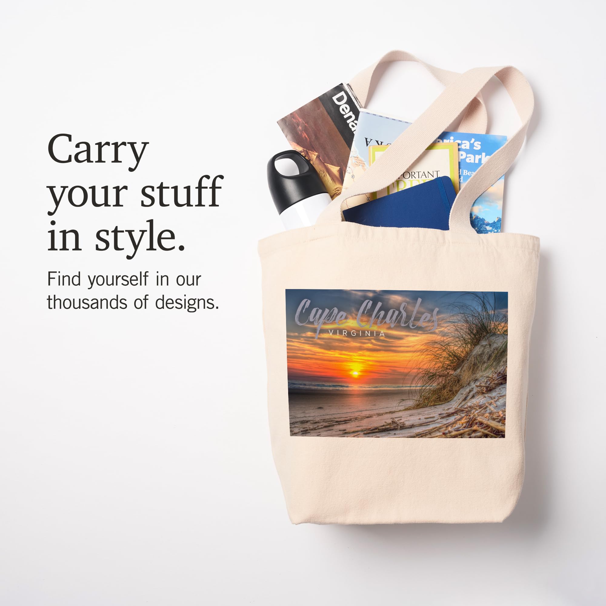 Lantern Press Cape Charles Virginia Sunset Beach Tote Bag - 100% Cotton Canvas Reusable Shopping Bag for Groceries, Beach Trips & Everyday Use