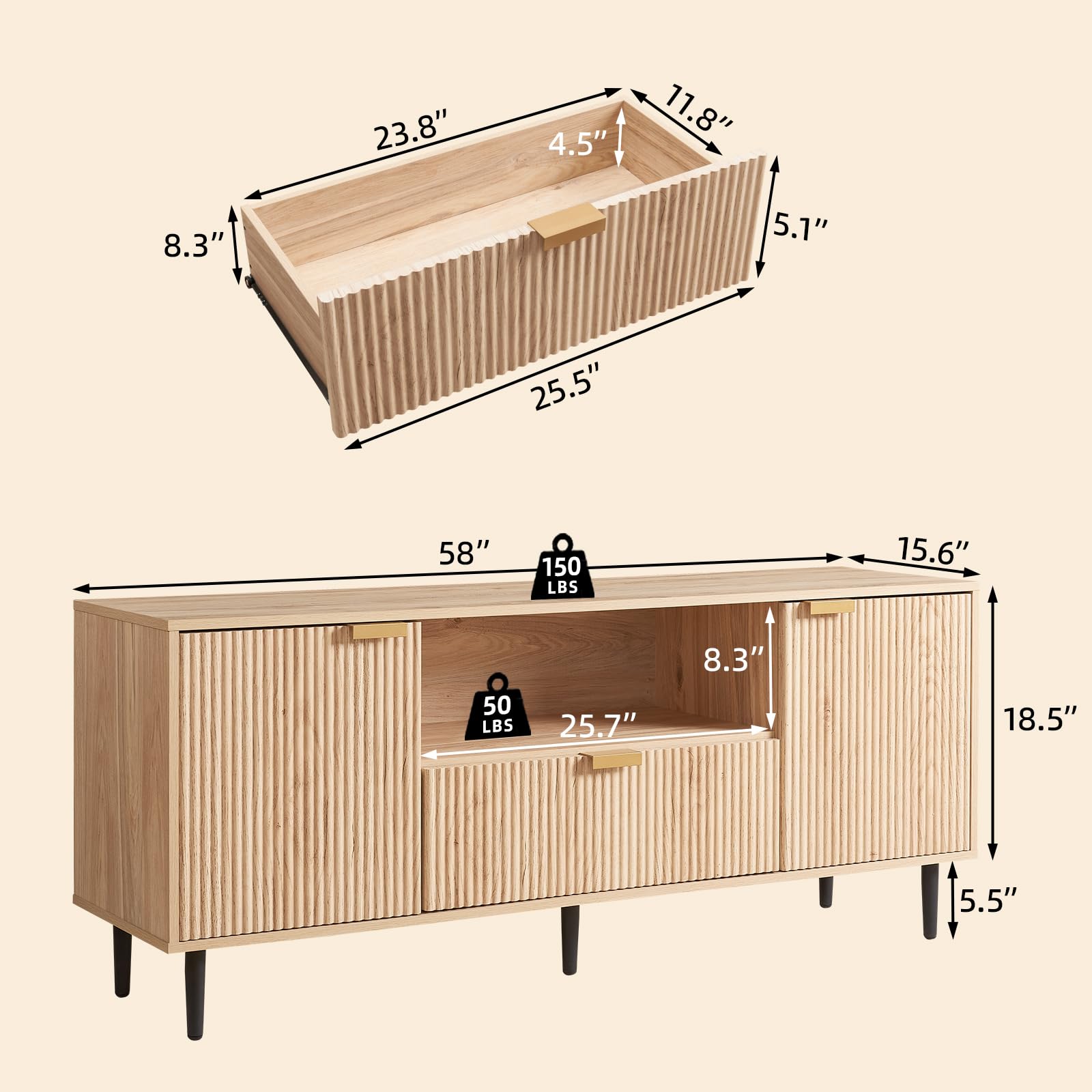 Modern Oak TV Stand for 65 Inch TVs - Wood Fluted Media Console with Soft Hinge & Storage Drawer - Living Room Entertainment Center for Home Theater & Gaming Setup